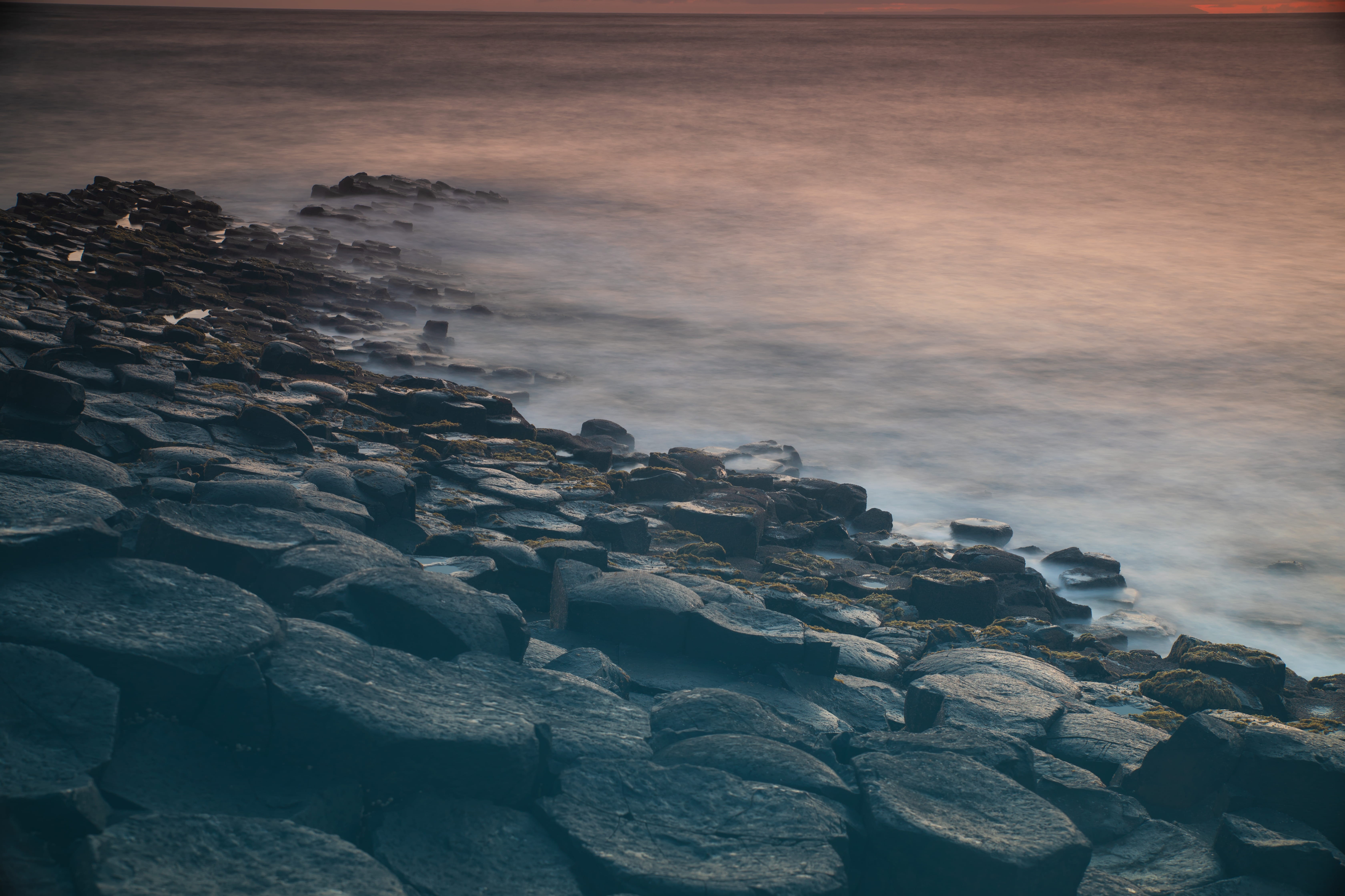 giants causeway, tranquil scene, beach, long exposure, grey, night itme, sky, motion, coast, 5K, sea, night time, solid, rock, ocean, day, coastal, nature, HD Wallpaper