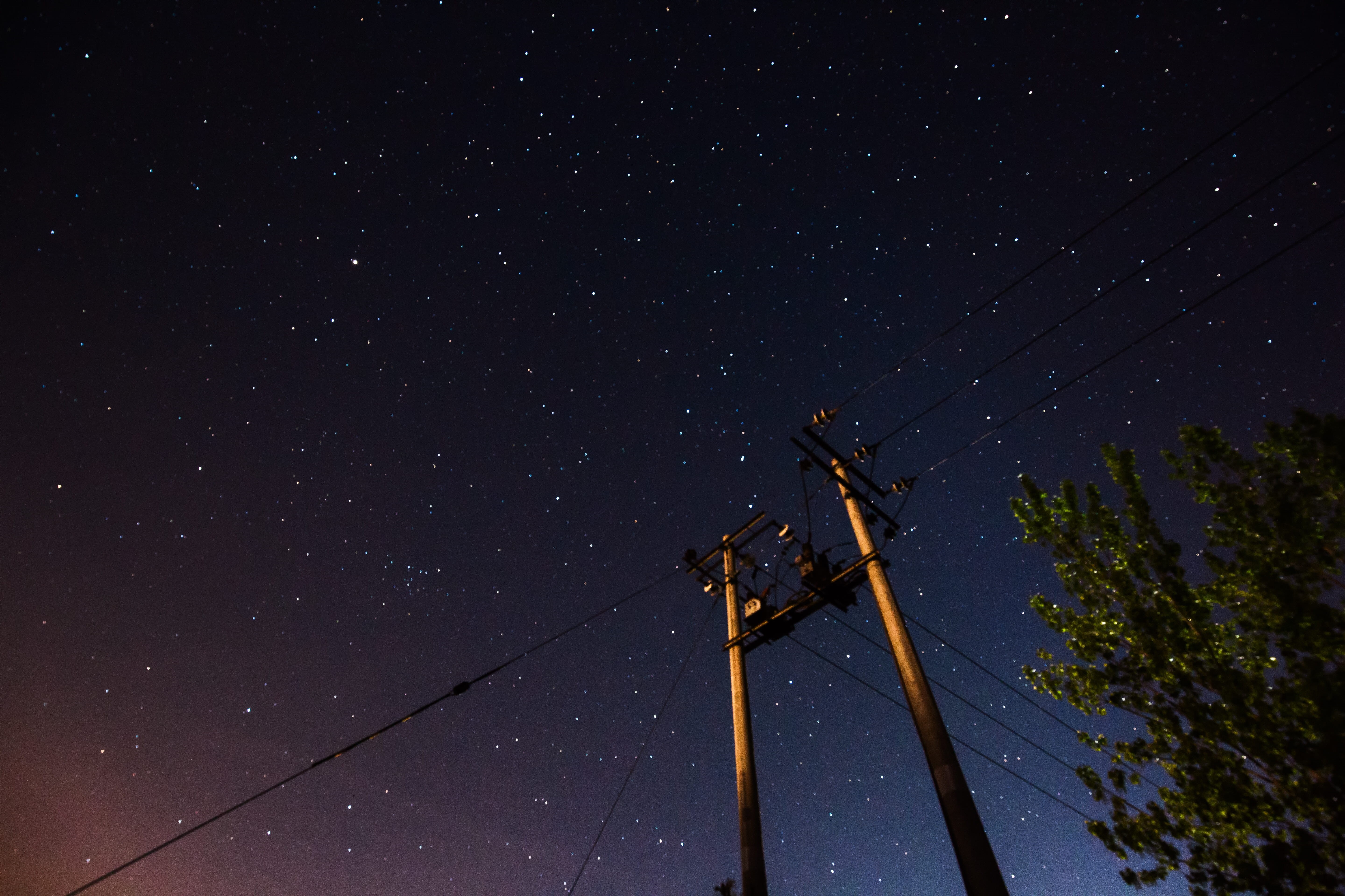 no people, looking up, star - space, infinity, wire pole, space, connection, wire pol, night light, galaxy, space and astronomy, cable, dark, star field, HD Wallpaper