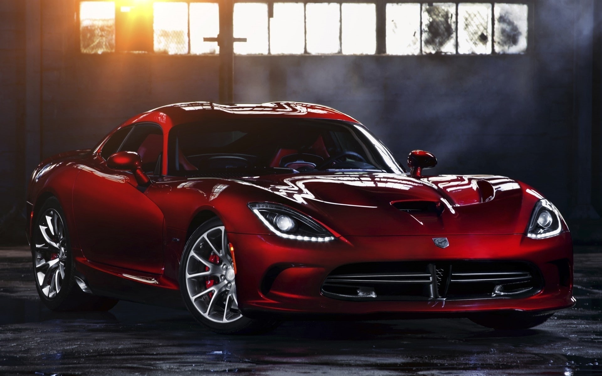 lens flare, garage, Dodge, motor vehicle, sunlight, focus on foreground, day, window, luxury, red, architecture, convertible, transportation, vintage car, HD Wallpaper