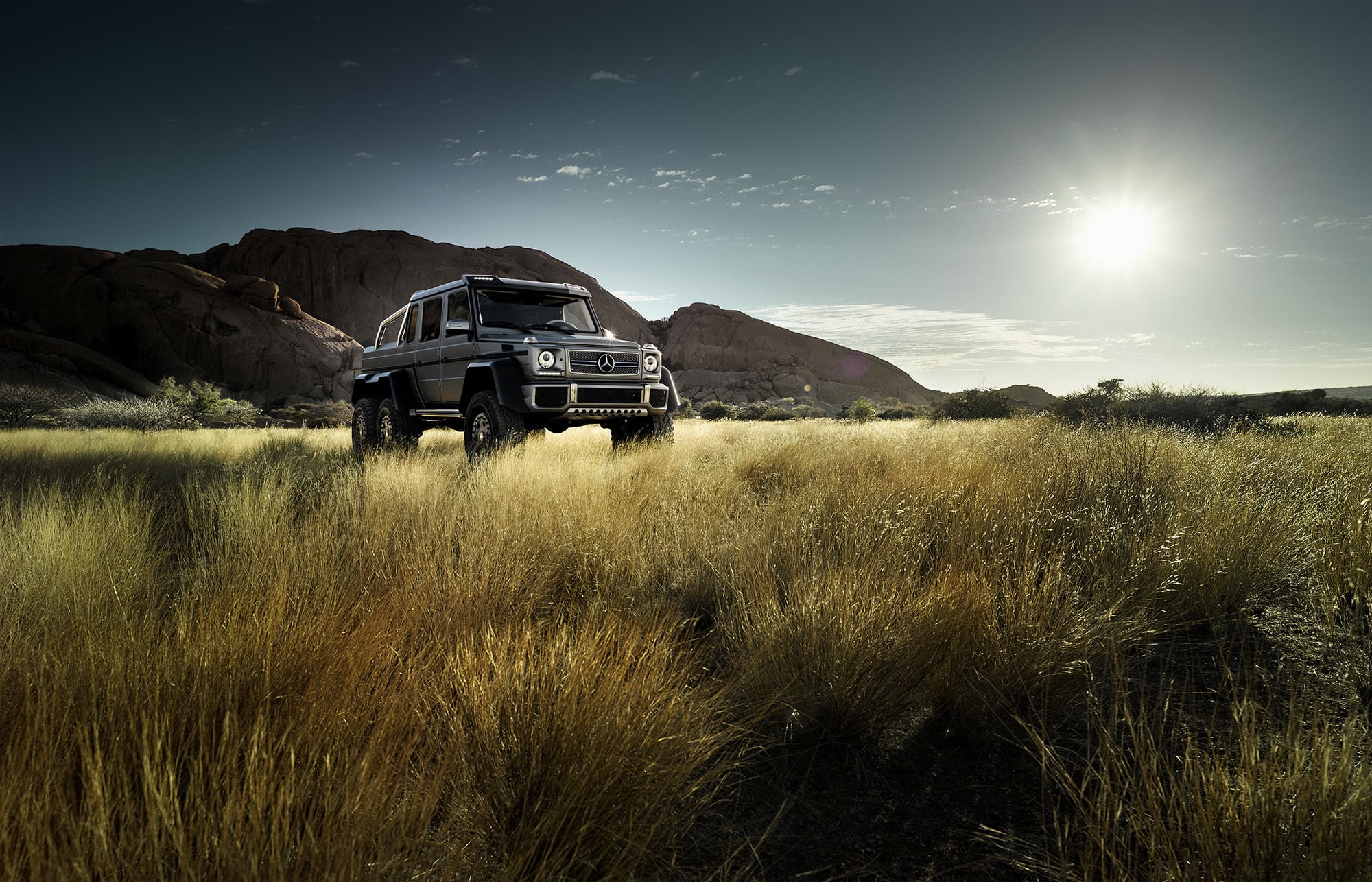 scenics - nature, remote, environment, mountain, 6x6, Mercedes Benz, plant, nature, silvery, mode of transportation, land, field, crew, black, landscape, HD Wallpaper