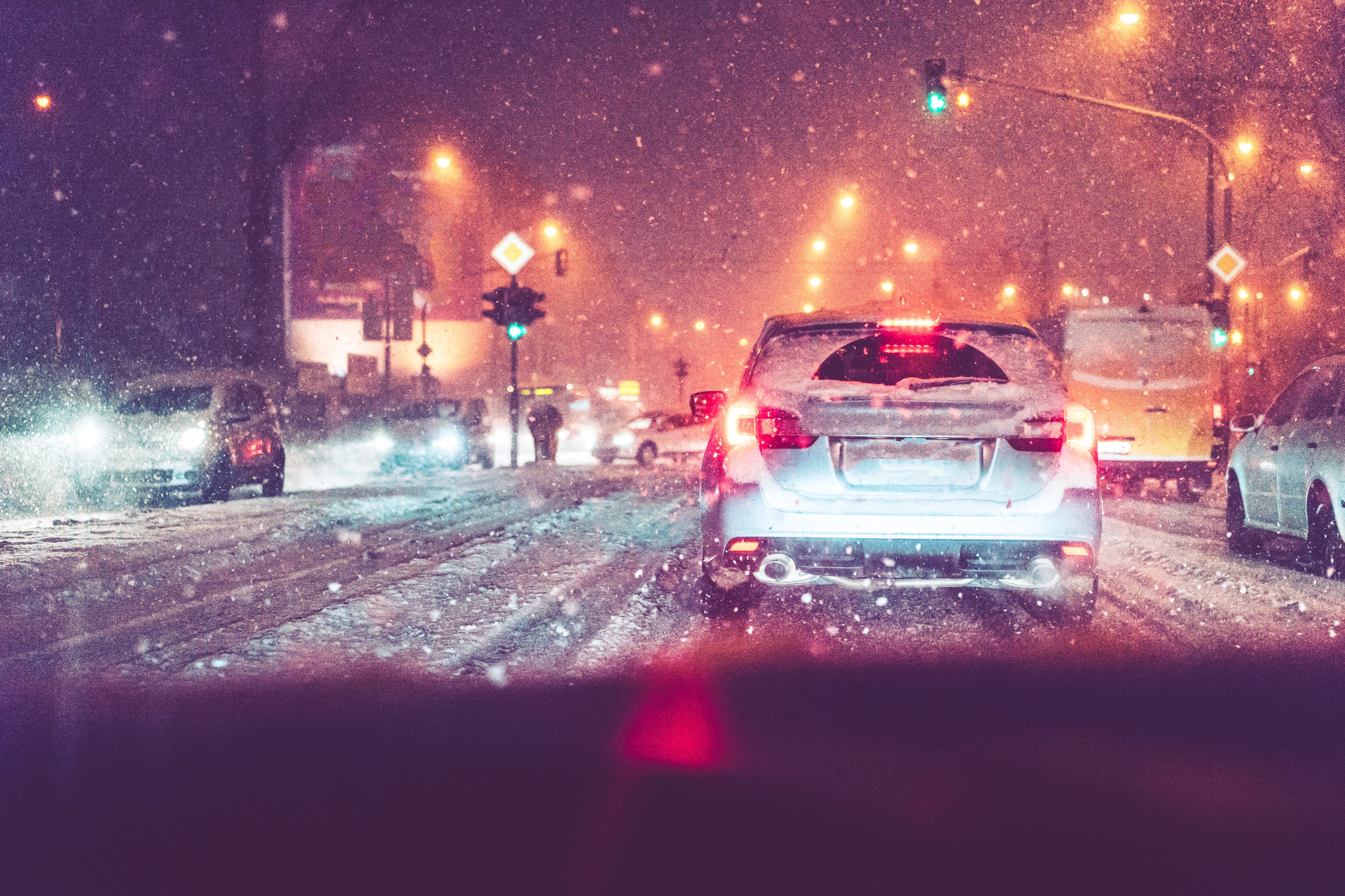 evening, city, car, snowing, illuminated, cold, driving, czech republic, motor vehicle, night, winter, rain, 4K, slow, street light, jam, snow, light, HD Wallpaper