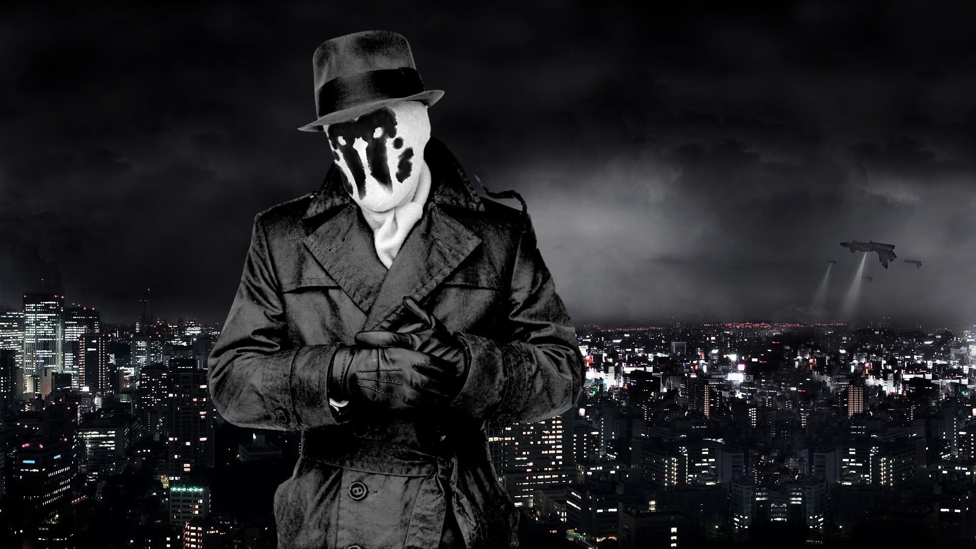 standing, movies, dark, photo, man, disguise, digital composite, building, men, coat, smoke - physical structure, clothing, cityscape, adult, mask, one person, HD Wallpaper