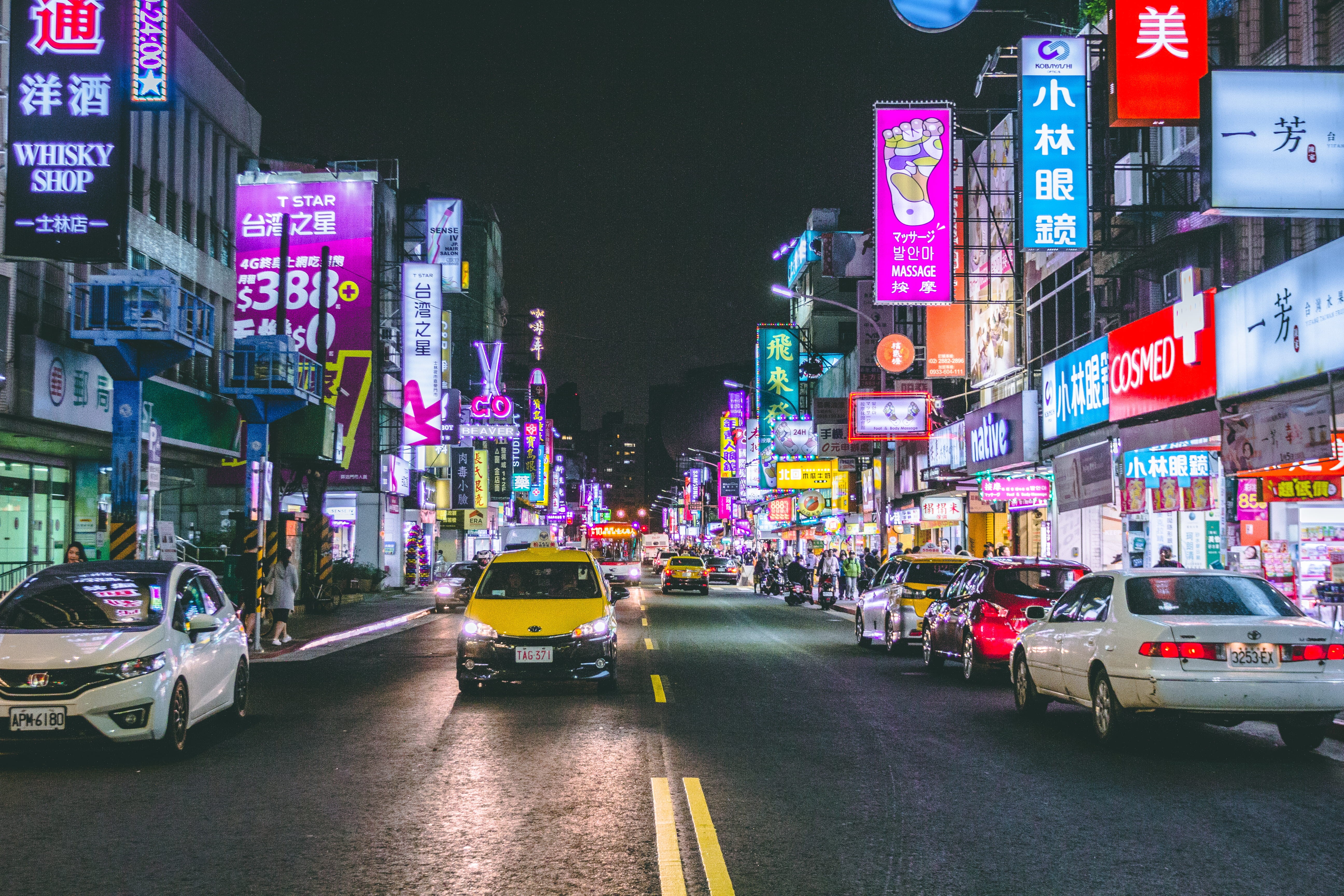 vehicles, transportation, shopping, people, buildings, car, neon, shops, automobiles, pavement, outdoors, city, city street, transportation system, modern, HD Wallpaper