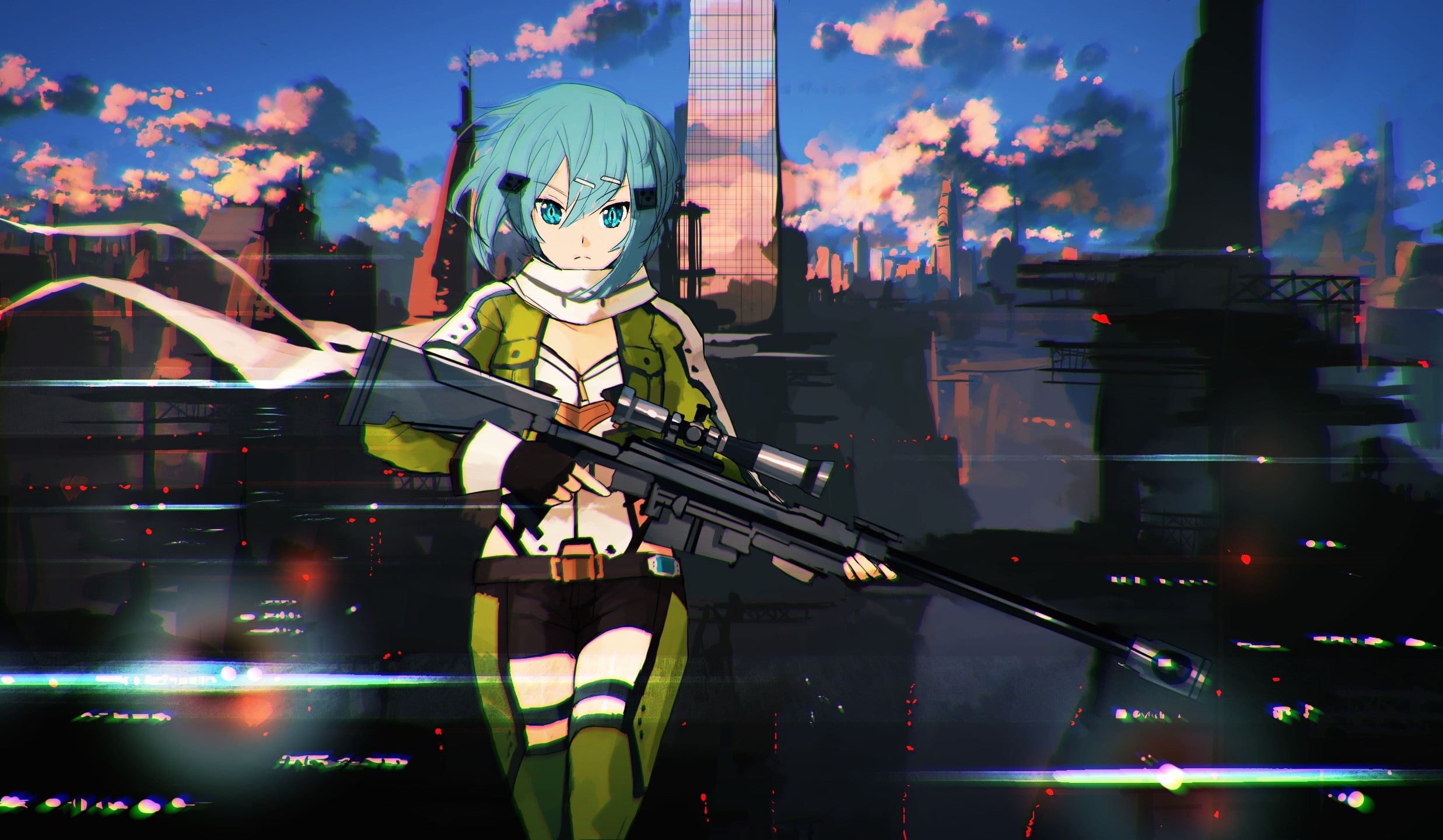 Asada Shino, sky, statue, weapon, multi colored, male likeness, nature, human representation, architecture, chromatic aberration, Sword Art Online, 1080P, HD Wallpaper