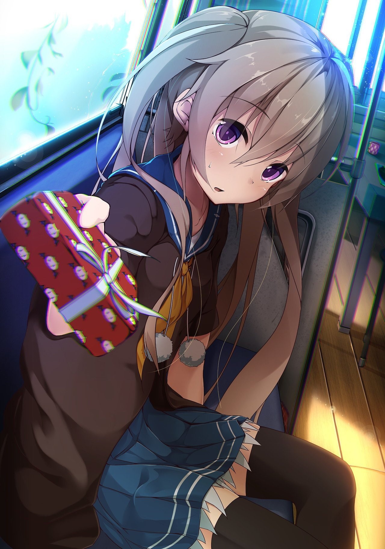 720P, school uniform, violet eyes, chromatic aberration, thigh-highs, anime, anime girls, Phone HD Wallpaper