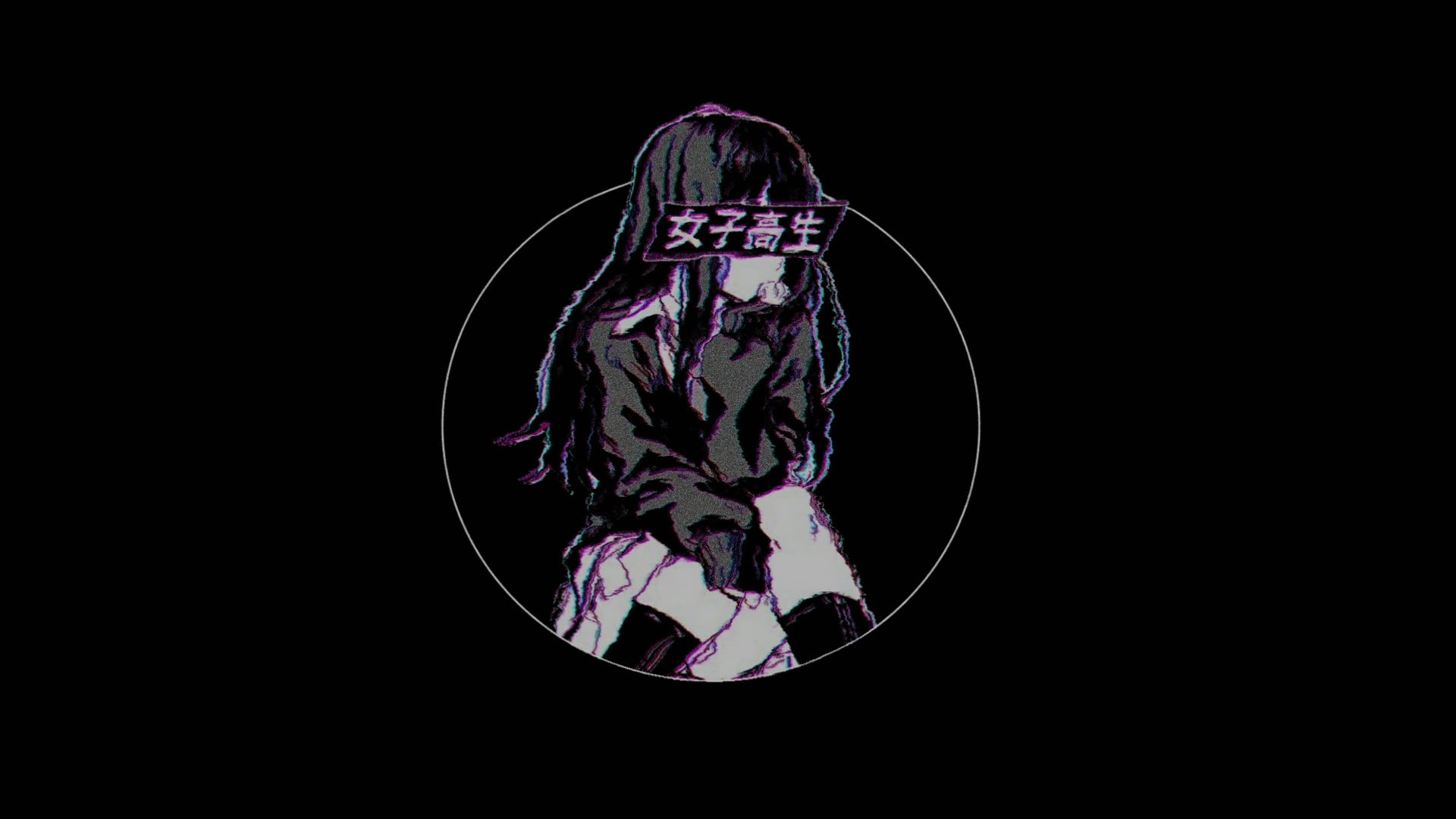 circle, chromatic aberration, black background, 1080P, anime, kanji, HD Wallpaper