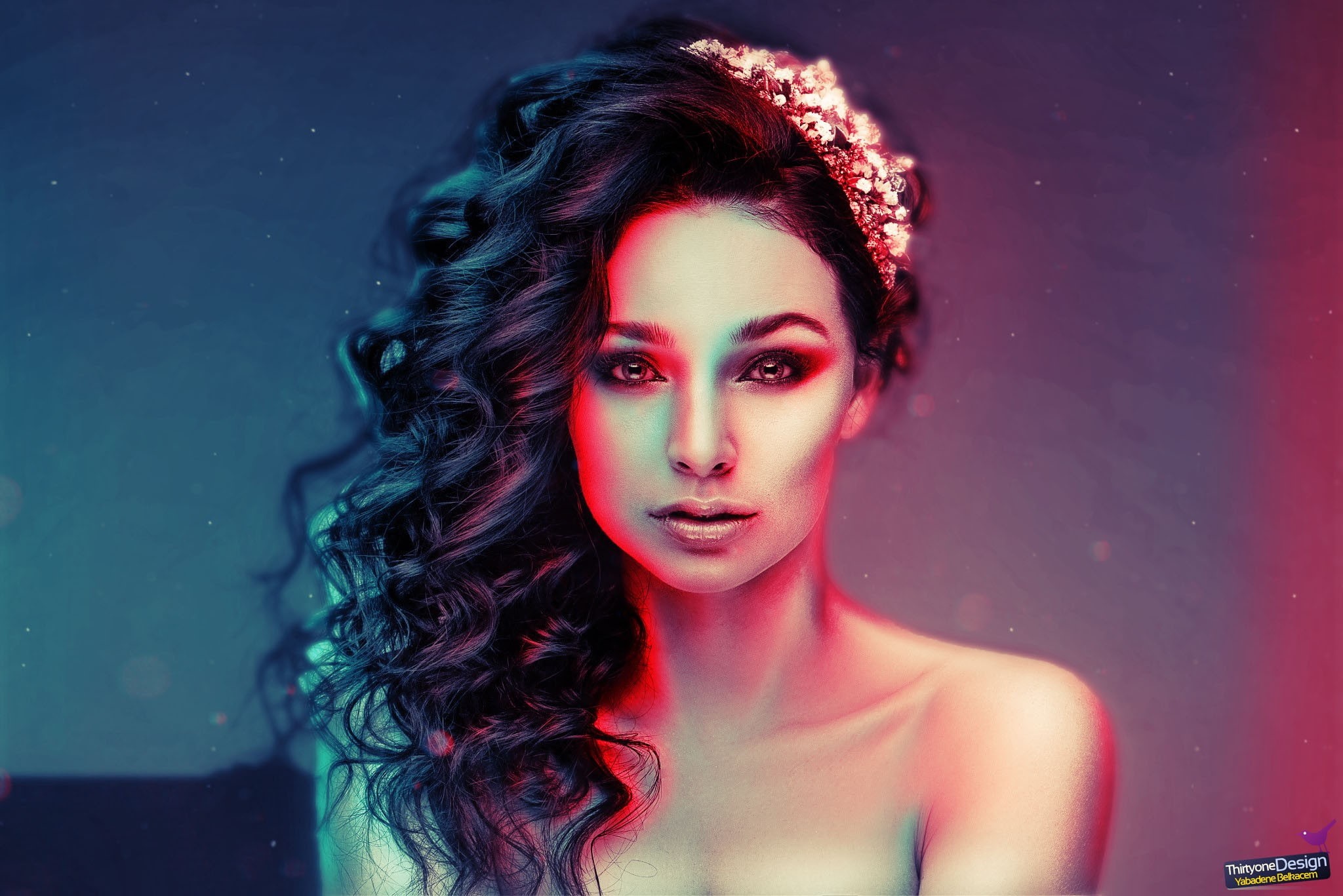 face, women, 1080P, brunette, chromatic aberration, colorful, HD Wallpaper