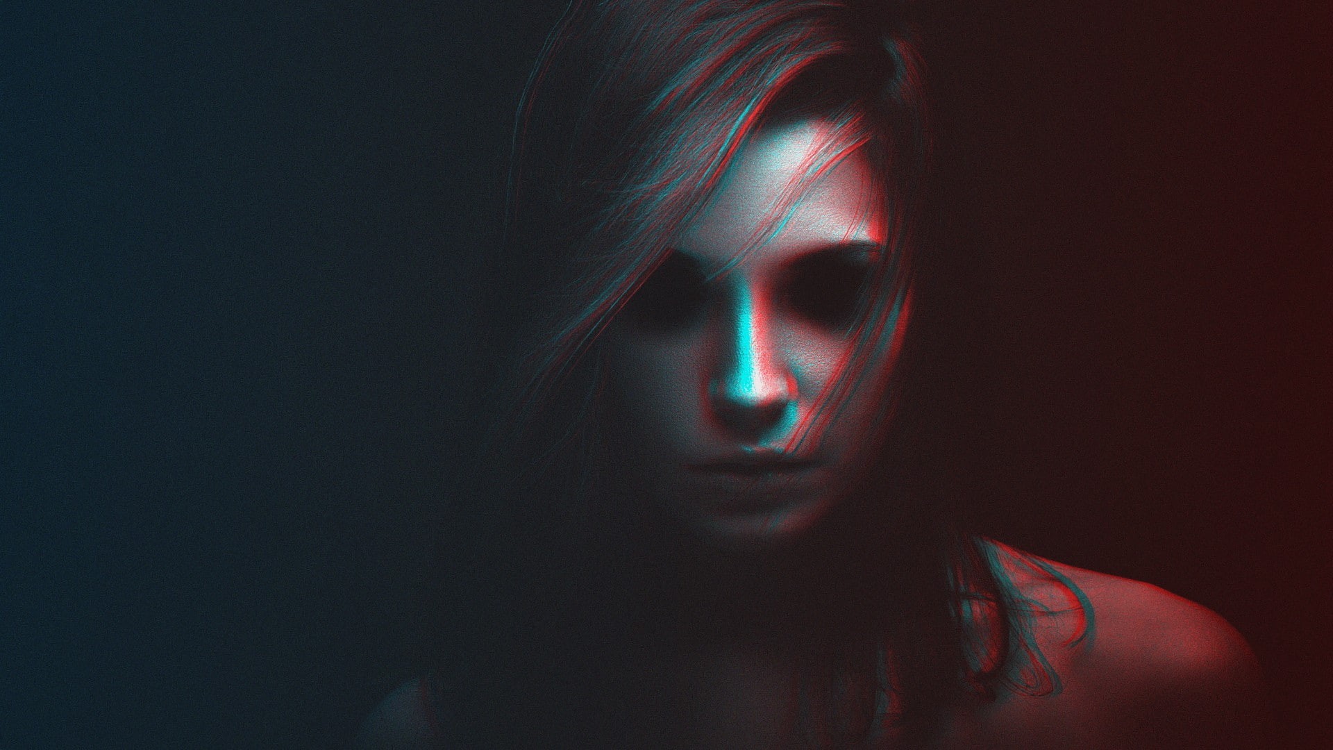 chromatic aberration, face, 1080P, Ksenia Kokoreva, black, HD Wallpaper