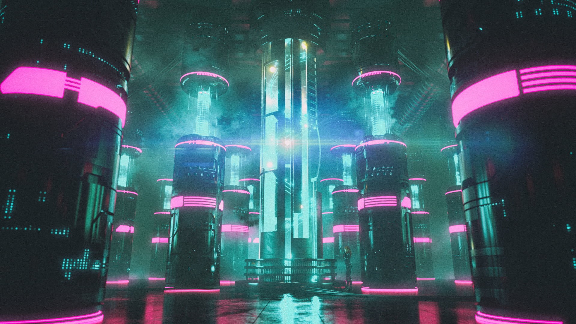 neon glow, engine, room, David Legnon, pillar, 1080P, smoke, cyberpunk, science fiction, pink, blue, HD Wallpaper