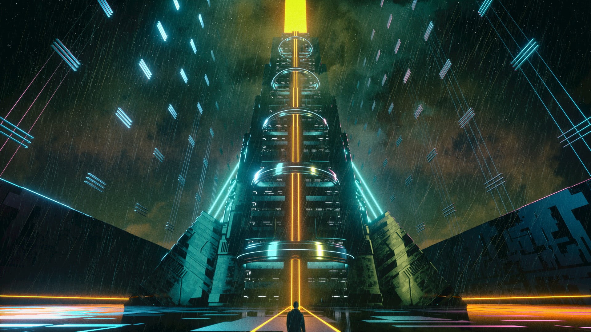David Legnon, glowing, cyberpunk, neon glow, 1080P, elevator, night, rain, orange, HD Wallpaper
