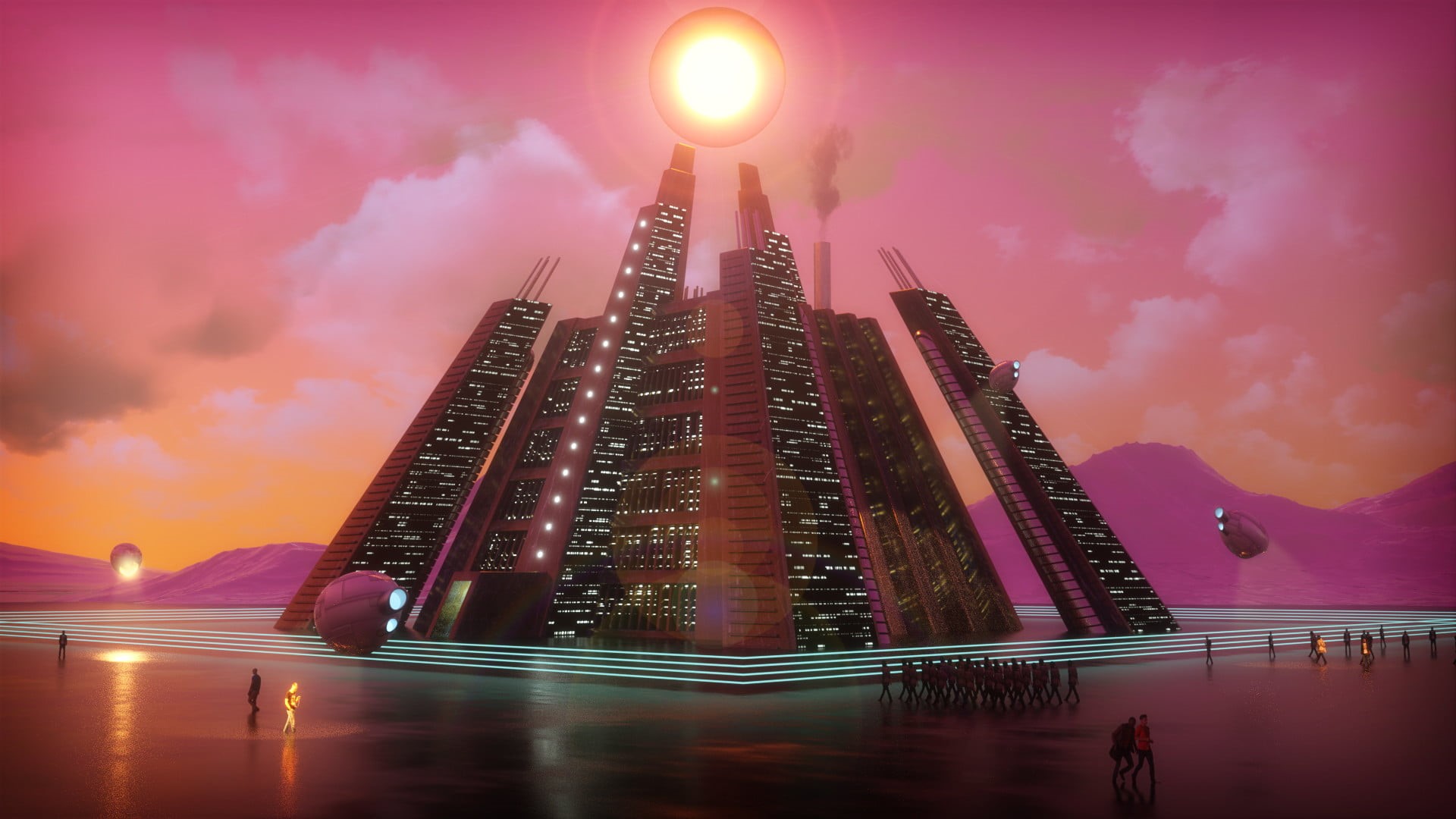 science fiction, bright, 1080P, power plant, David Legnon, people, red sky, clouds, pyramid, cyberpunk, HD Wallpaper