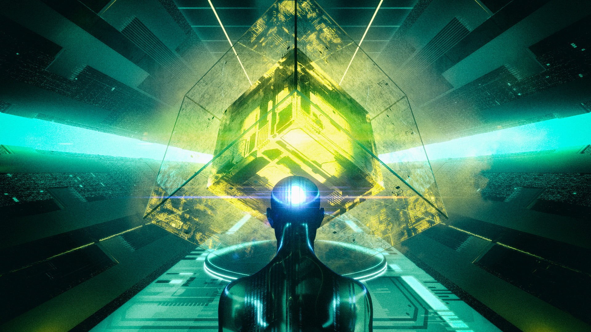 cyan, 3D Blocks, silhouette, cyberpunk, cube, yellow, 1080P, David Legnon, science fiction, glowing, blue, HD Wallpaper