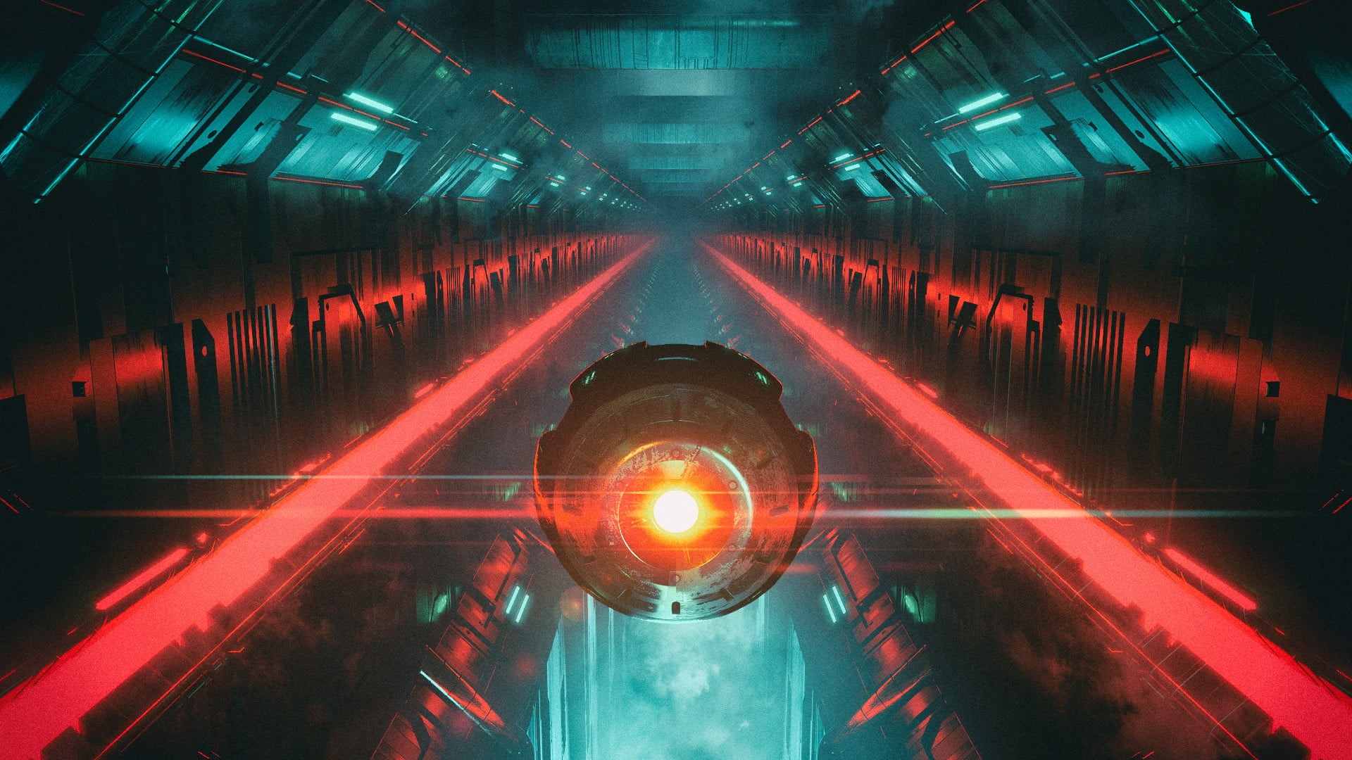 orb, hallway, red light, glowing, red, 1080P, cyberpunk, David Legnon, science fiction, HD Wallpaper