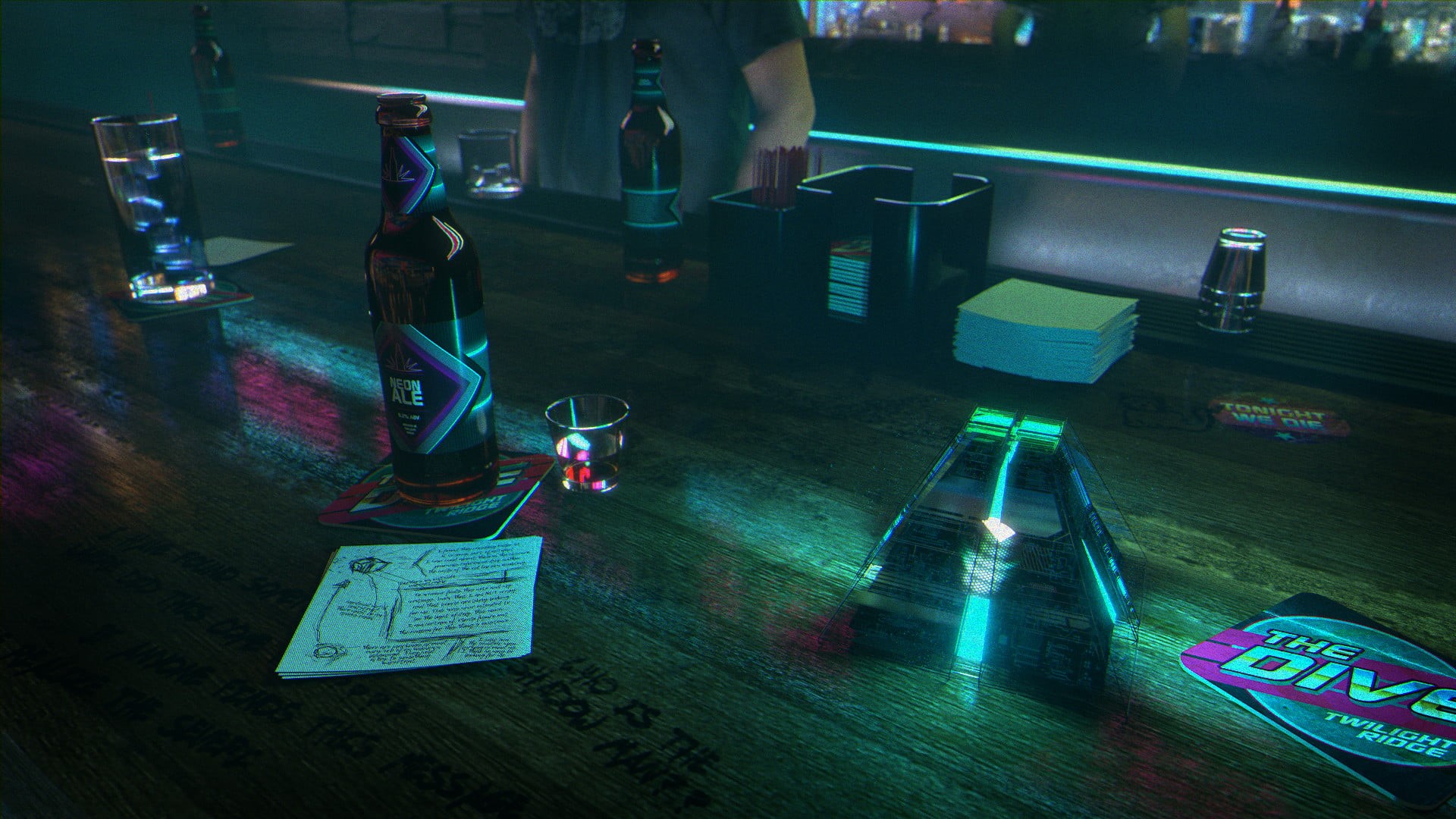 David Legnon, table, beer, glass, cyan, ice cubes, 1080P, neon glow, HD Wallpaper