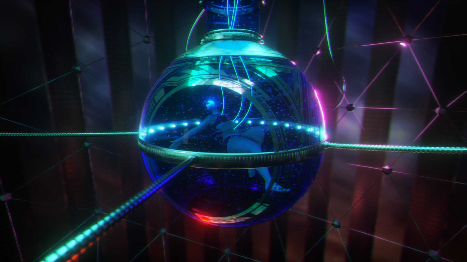 David Legnon, neon glow, cyberpunk, Tubes, blue light, science fiction, globe, 1080P, grid, glowing, HD Wallpaper