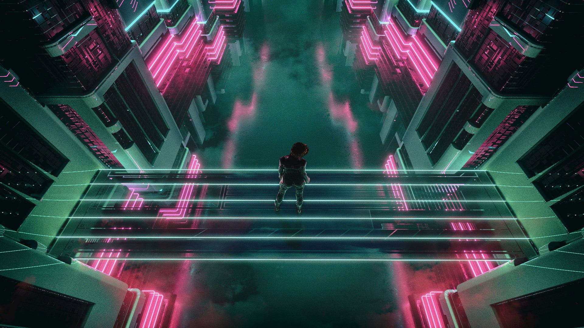1080P, reflection, loneliness, cyberpunk, David Legnon, city, bridge, neon glow, canal, HD Wallpaper