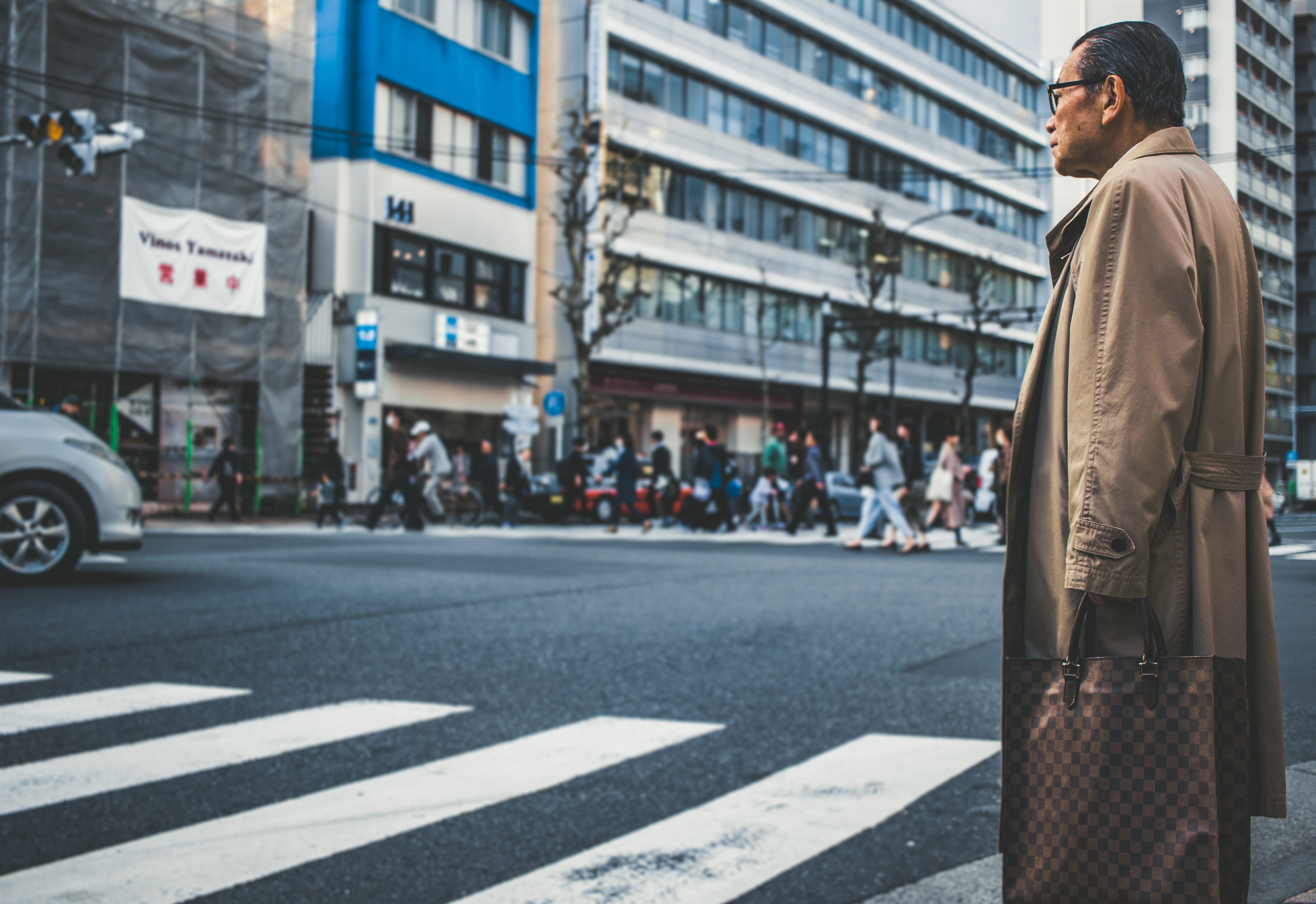urban, near, tokyo, day, style, men, businessman, person, sidewalk, crossing, man, fashion, jacket, road marking, architecture, zebra crossing, crowd, one person, HD Wallpaper