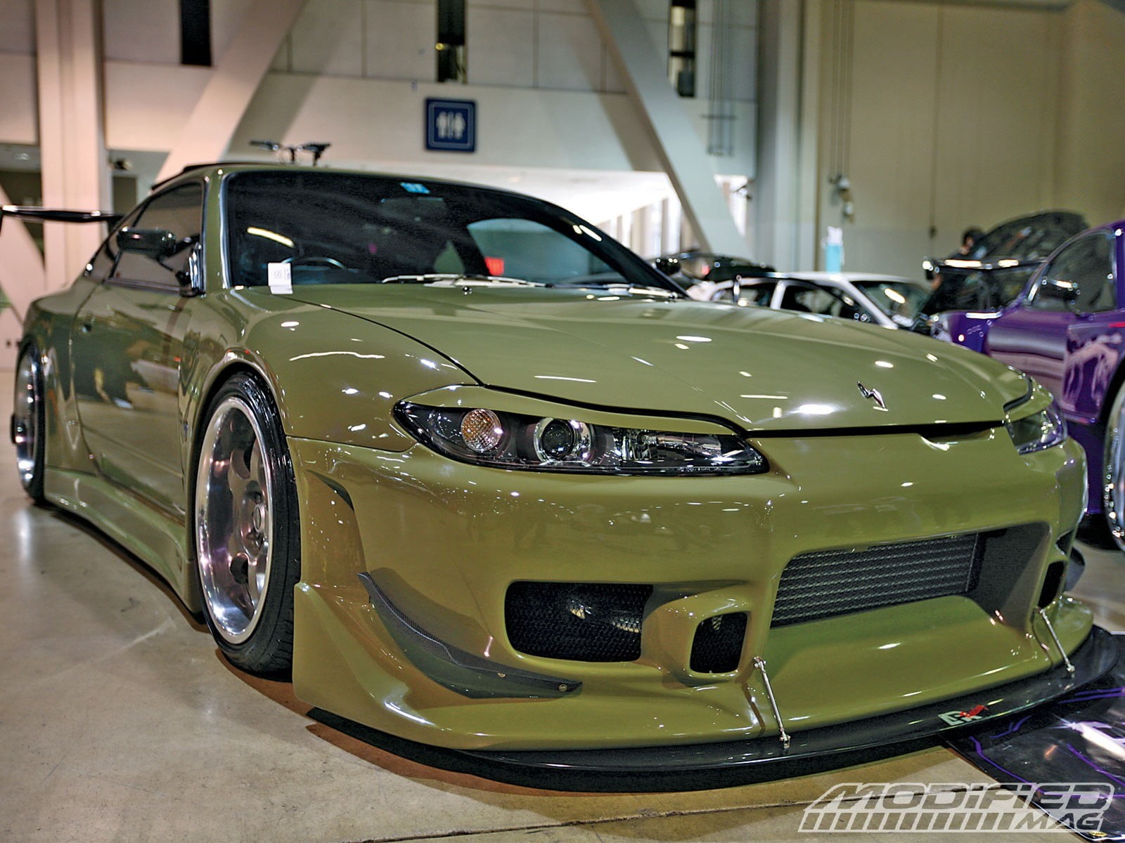 transportation, architecture, Silvia, Nissan, stationary, front view, glass - material, showroom, motor vehicle, sports car, focus on foreground, green, HD Wallpaper