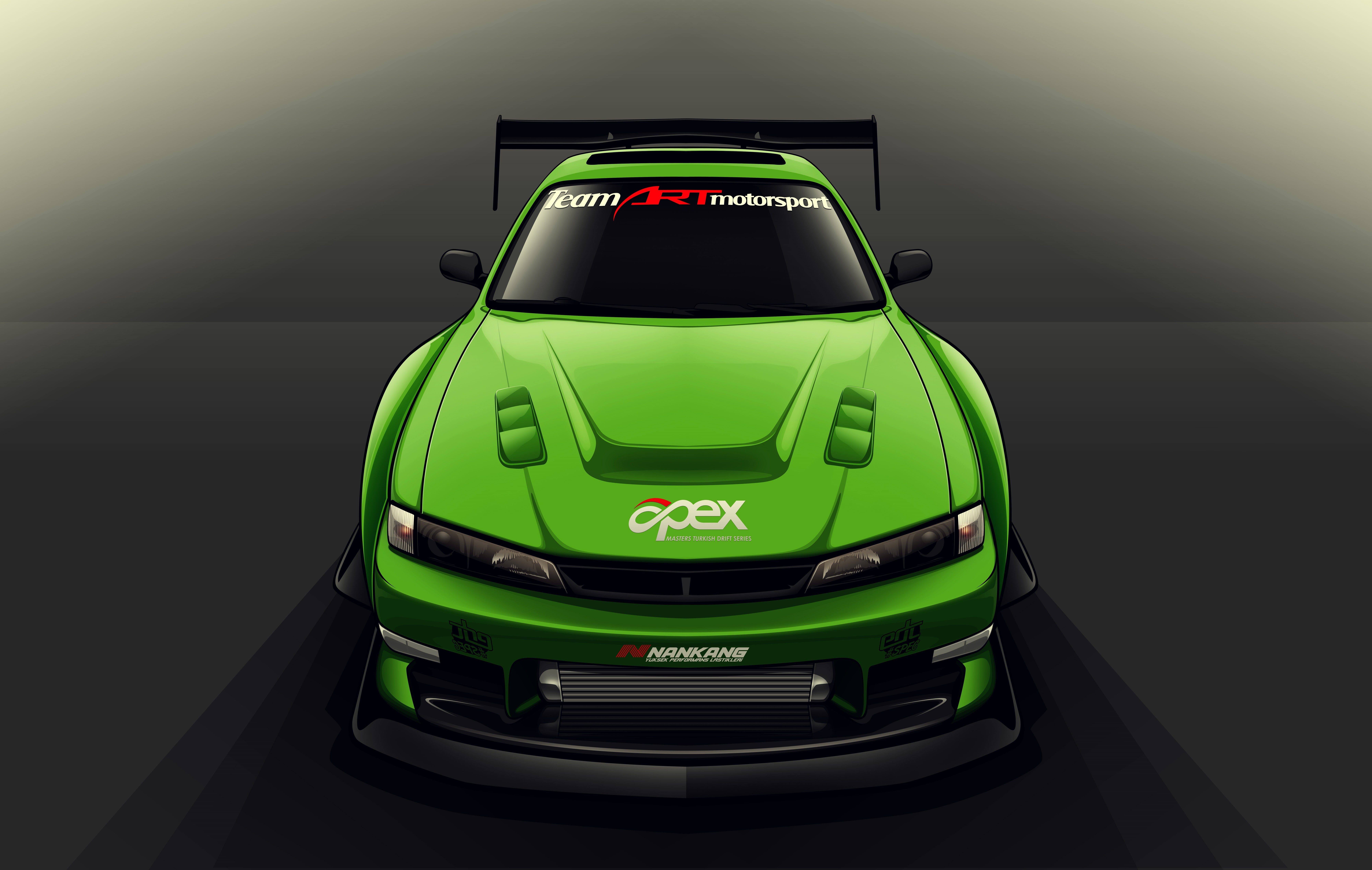 connection, front view, green, car, no people, mode of transportation, green color, studio shot, indoors, transportation, Nissan, land vehicle, Drift Spec Vector, HD Wallpaper