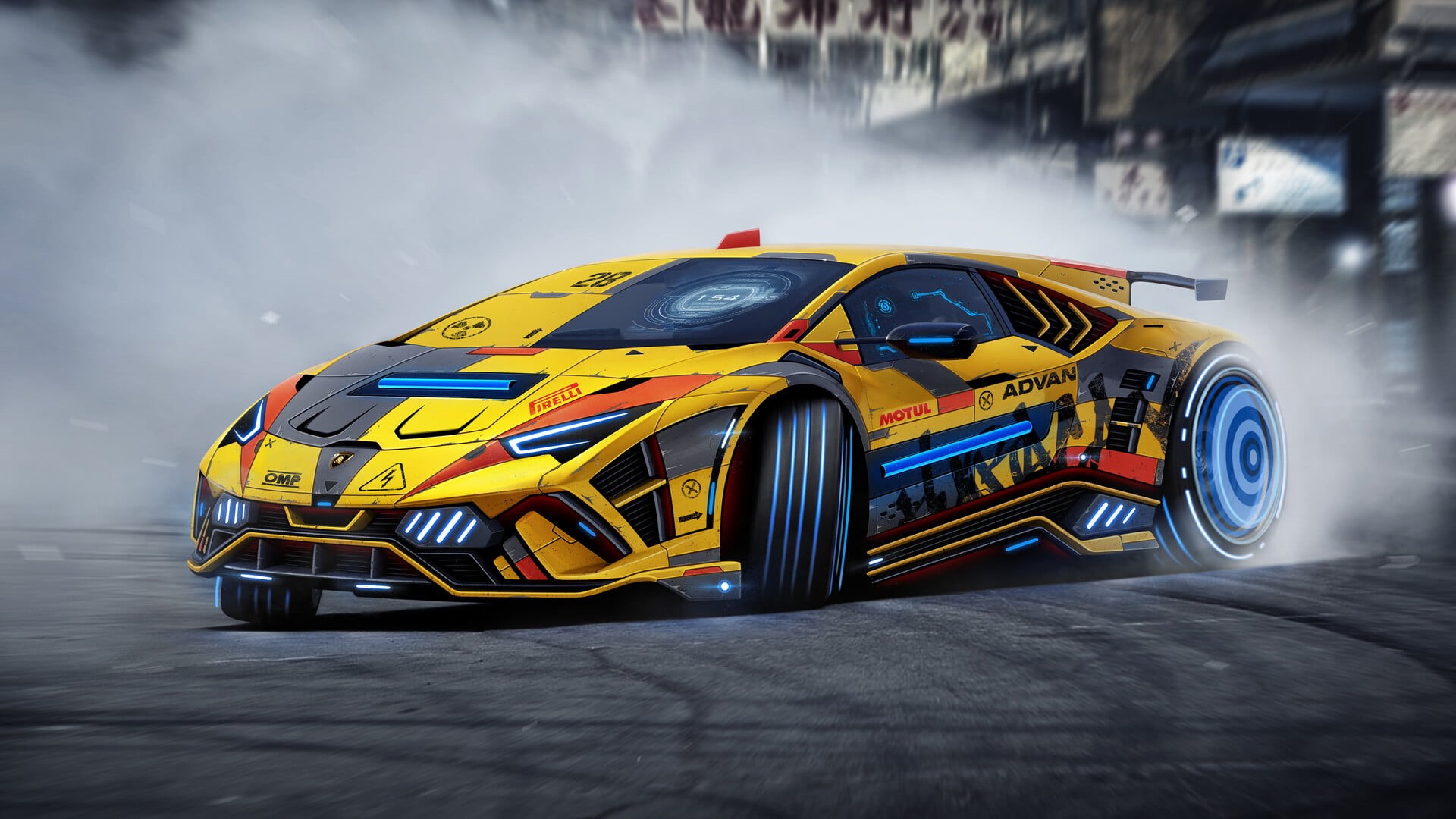 drift, Drifting, Lamborghini, 1080P, futuristic, depth of field, cyberpunk, digital art, Dmitry Strukov, luxury cars, smoke, artwork, science fiction, HD Wallpaper