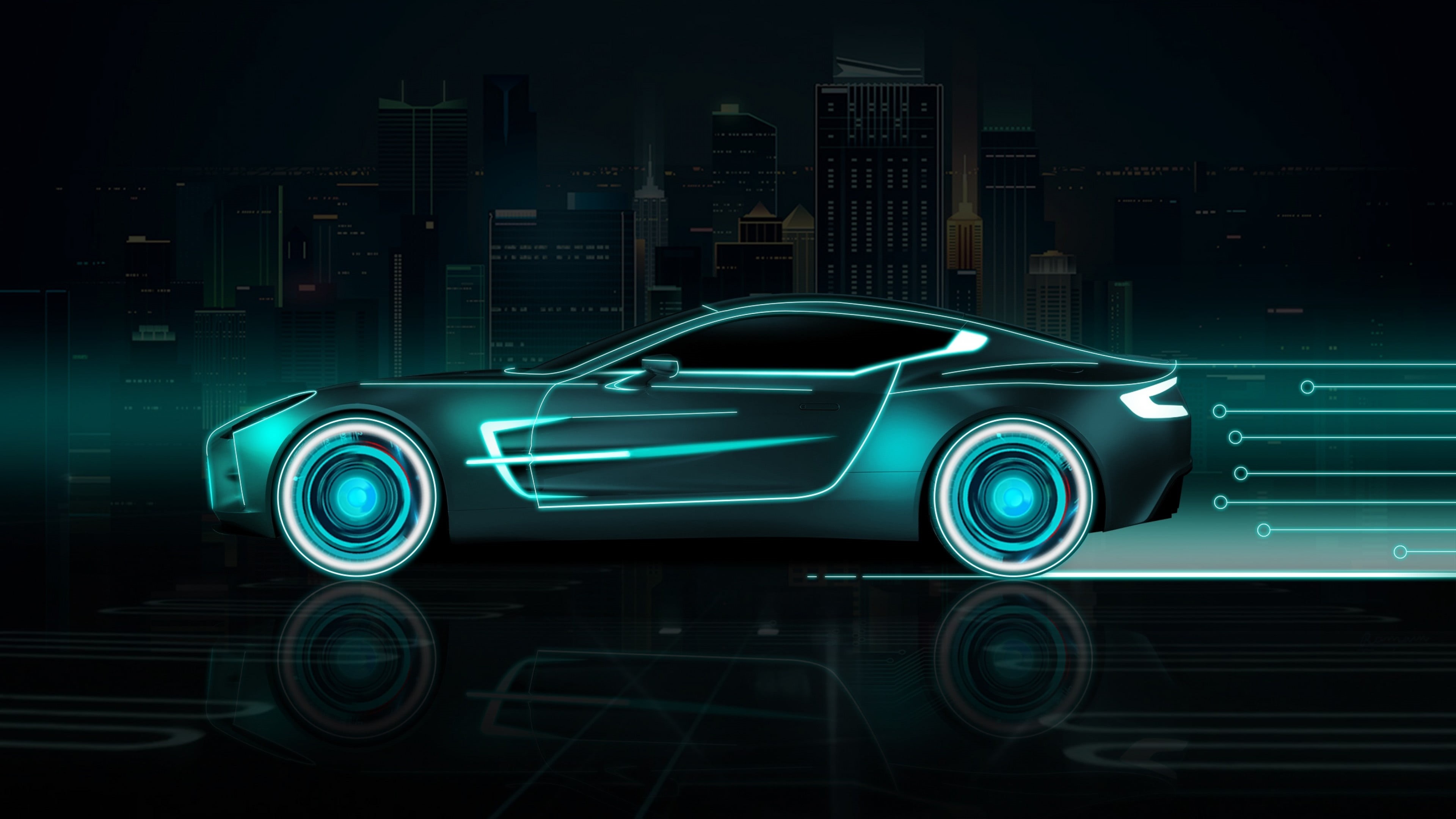 Background, Machine, Outrun, Futuristic Car, 4K, The city, Neon, Side view, Auto, Futuresynth, HD Wallpaper