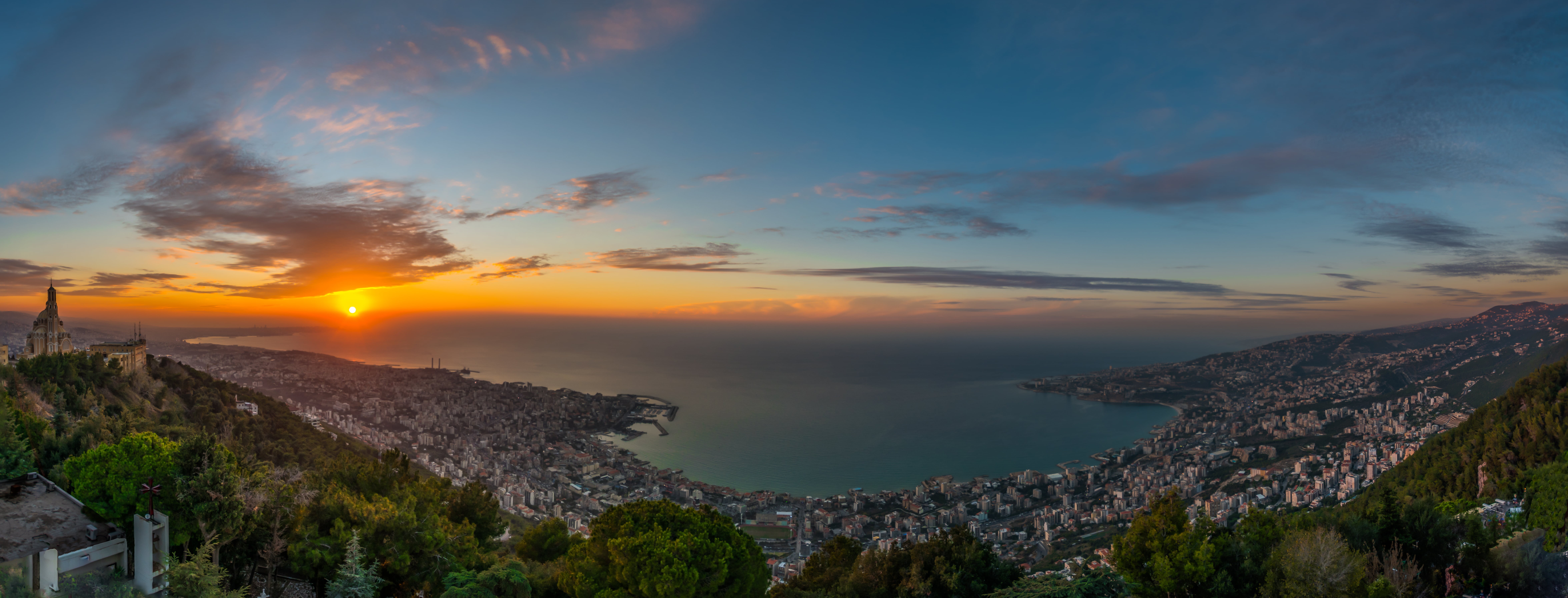Red, nature, sunrise, catholic, scenics, clouds, europe, 8K, outdoors, hour, sky, sea  beach, golden hour, tabarja, cathedral  church, areal, colors, sun, HD Wallpaper