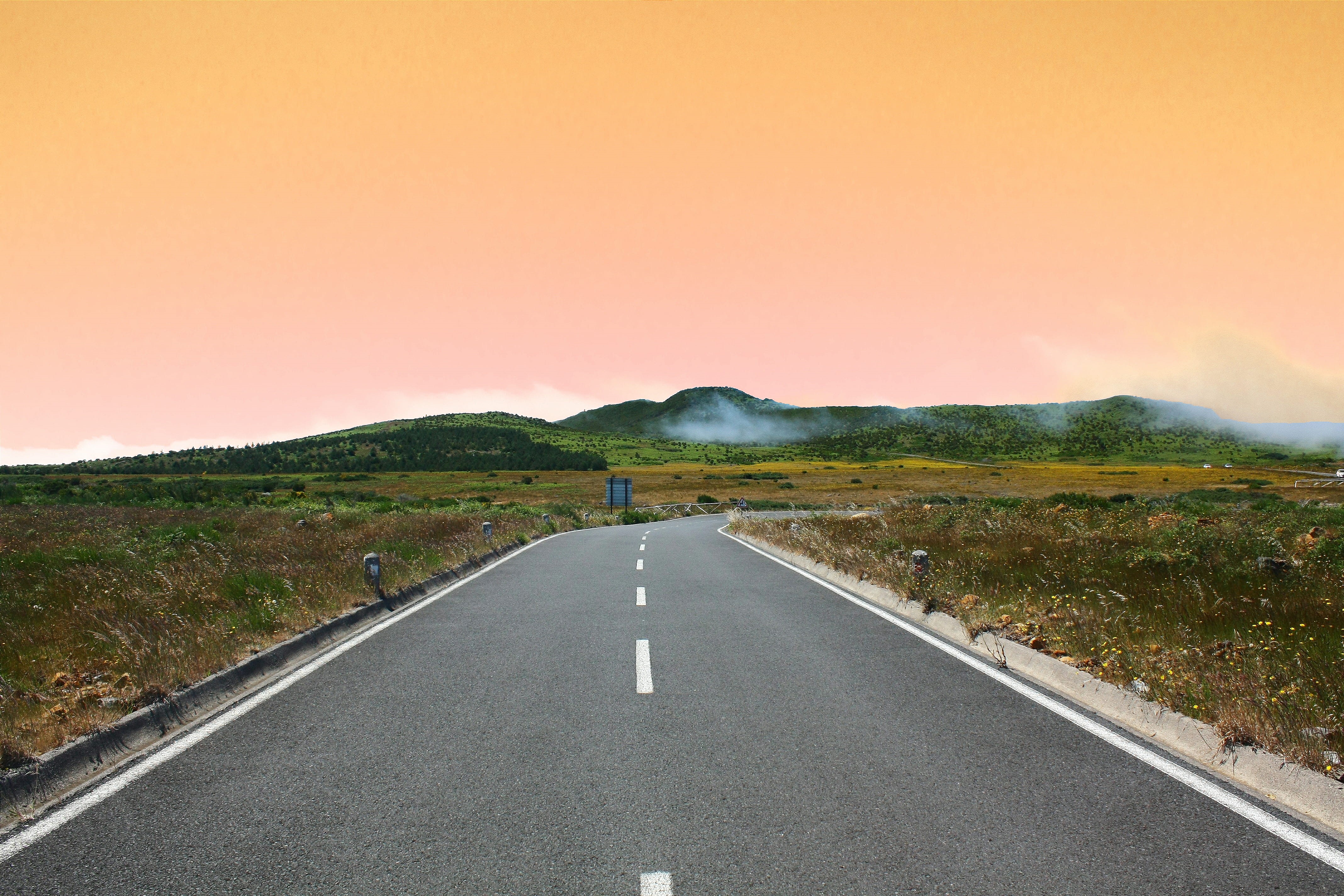 gray, road, sky, dividing line, cloudy, road marking, transportation, golden, the way forward, vanishing point, hour, rural Scene, field, grass, concrete road, HD Wallpaper