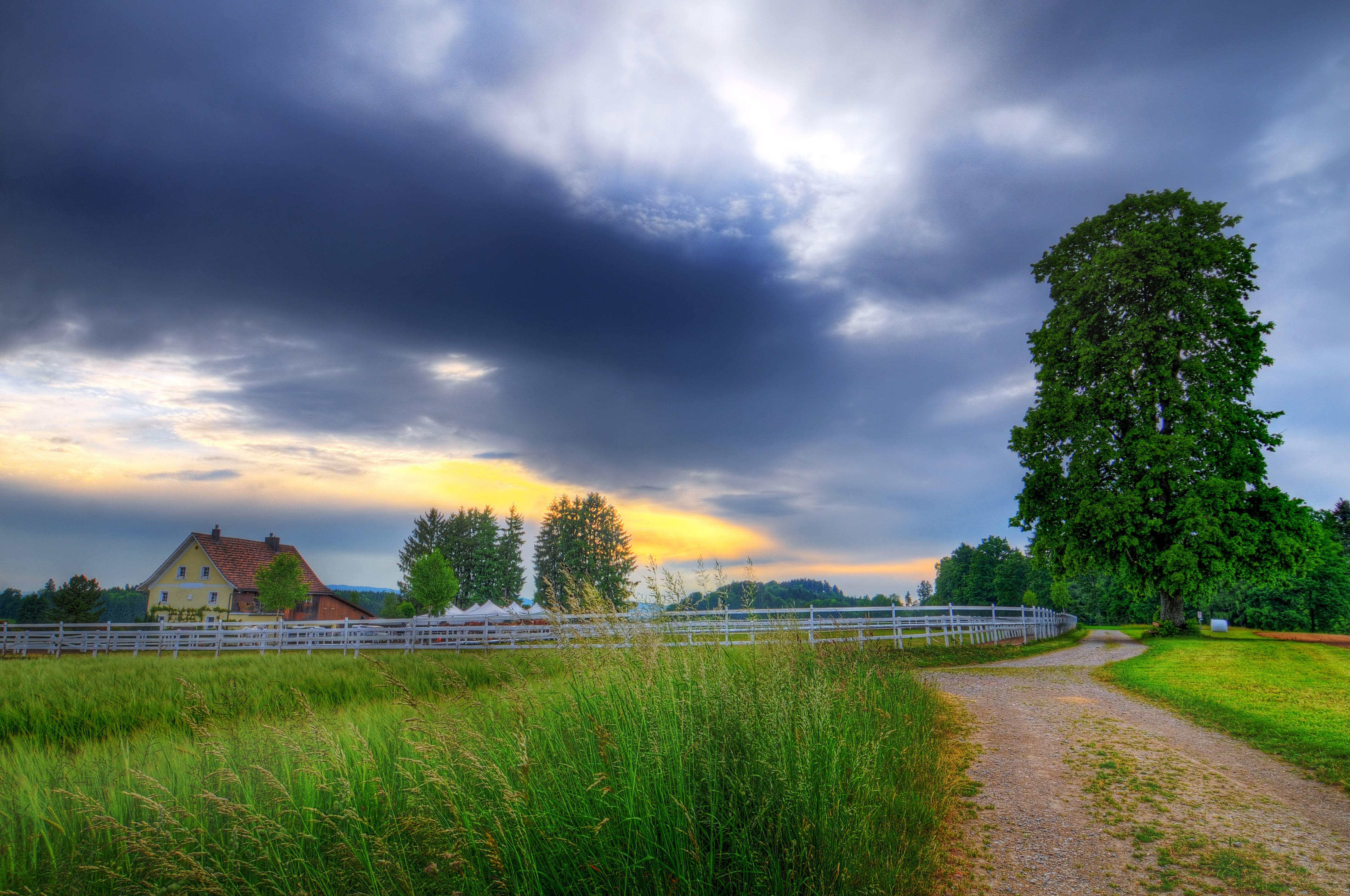 dirt, switzerland, green, way, horses, blue, landscape, clouds, wideangle, dirt road, view, dusk, nikon  d300, impressive, 4K, house, gossau, sky, cloud - Sky, HD Wallpaper