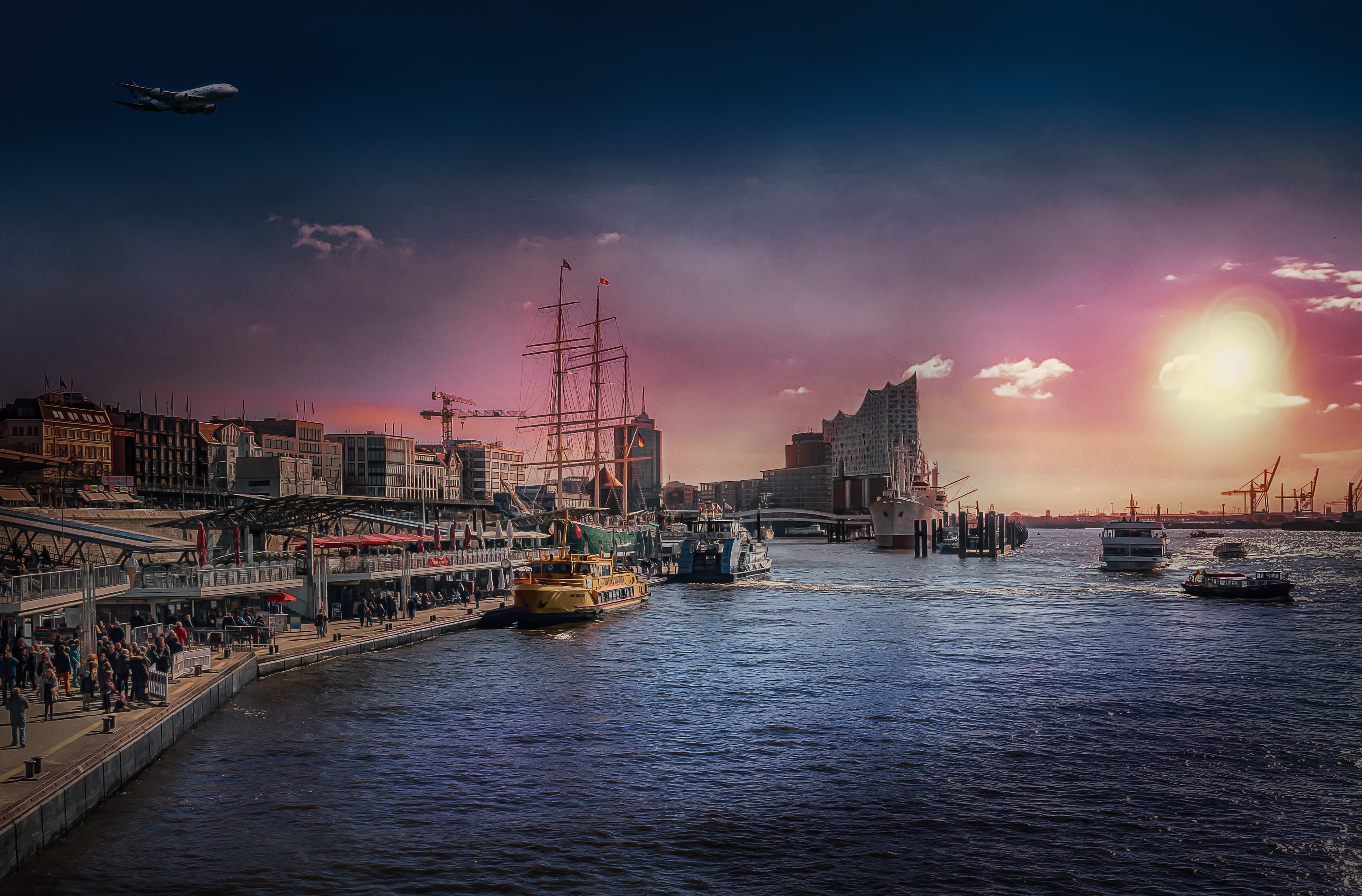 harbour cranes, architecture, built structure, sea, office building exterior, water, hanseatic city, building exterior, outdoors, dusk, northern germany, HD Wallpaper