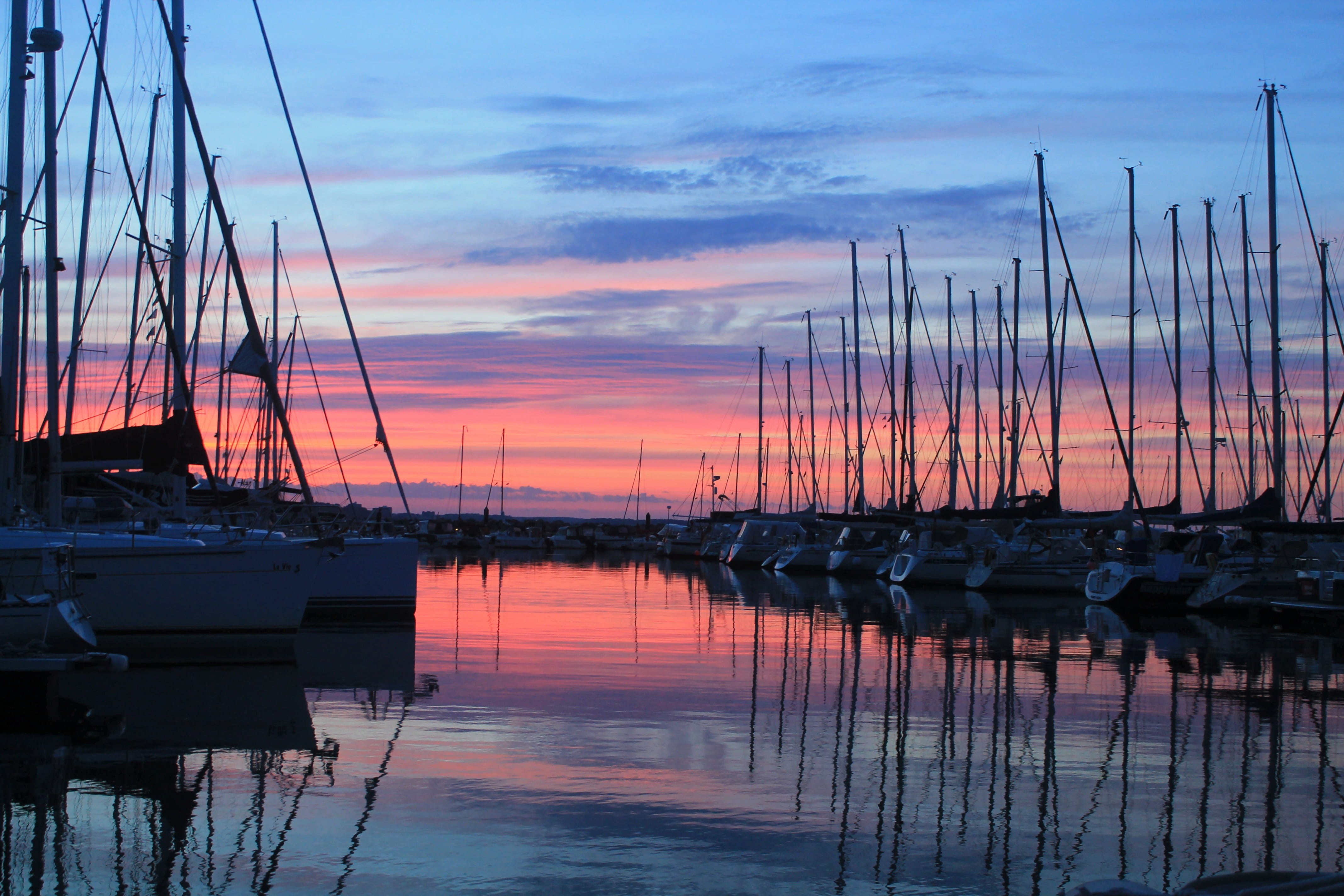 sailboat, night, golden hour, marina, yachts, mood, web, near, pier, mode of transportation, water, holiday, boat, pole, mast, sailing Ship, outdoors, lights, HD Wallpaper