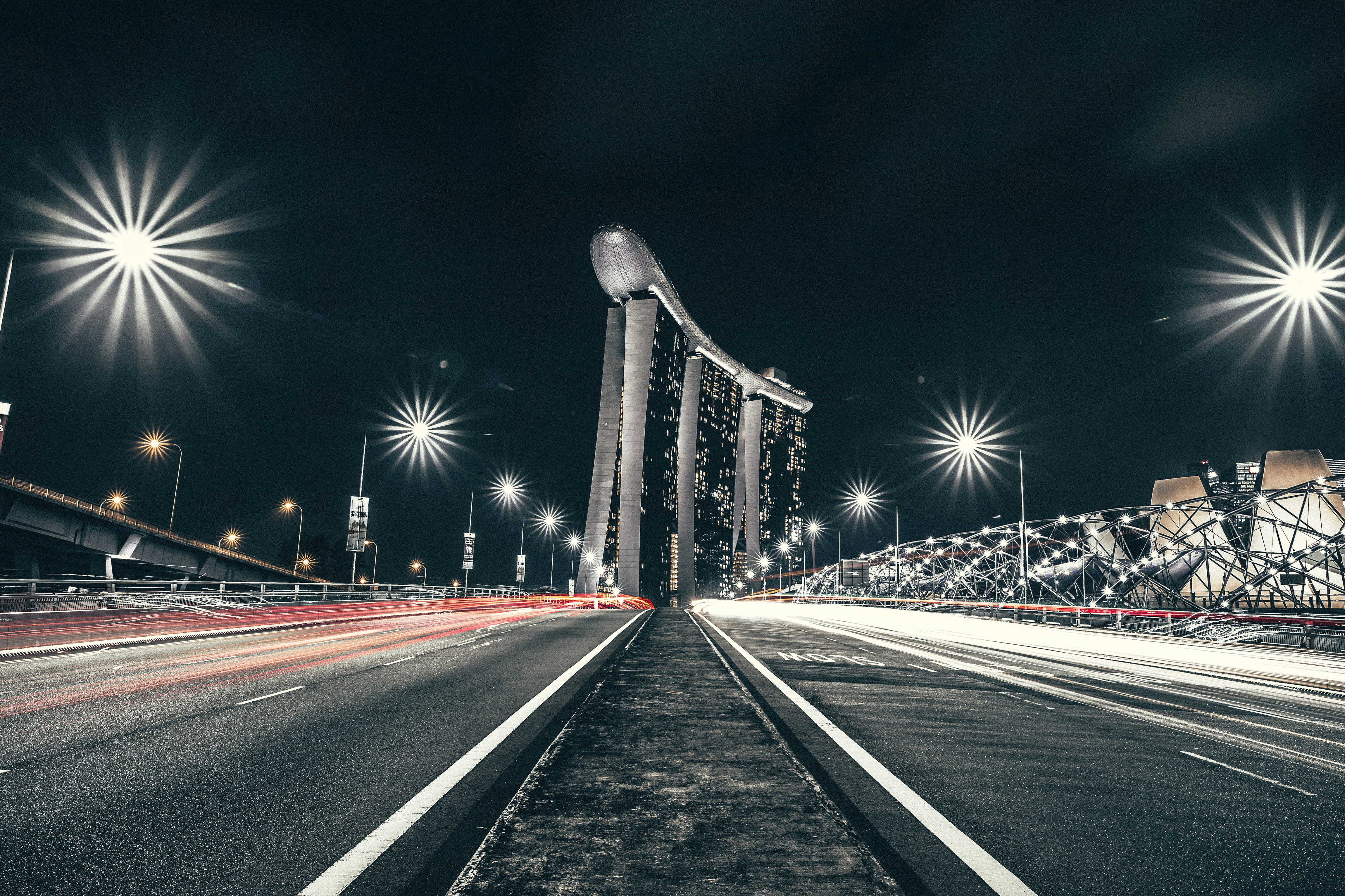 road, highway, outdoors, building exterior, lighting Equipment, lapse, photography, dark, travel destinations, street light, singapore, speed, bridge - man made structure, HD Wallpaper