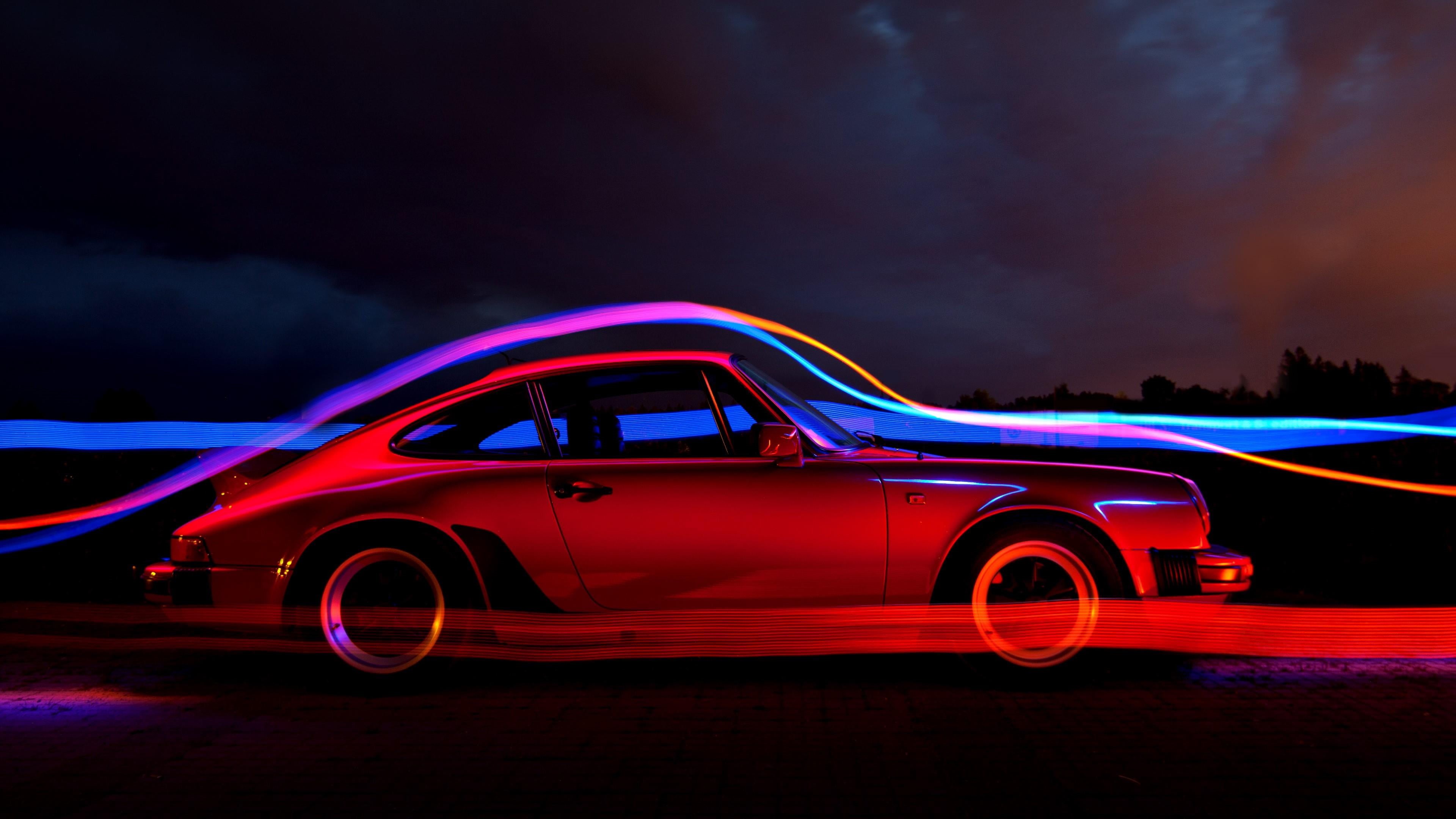 glowing, night, mode of transportation, porsche 911, land vehicle, porsche, sky, automotive design, classic car, transportation, city, sports car, 4K, HD Wallpaper