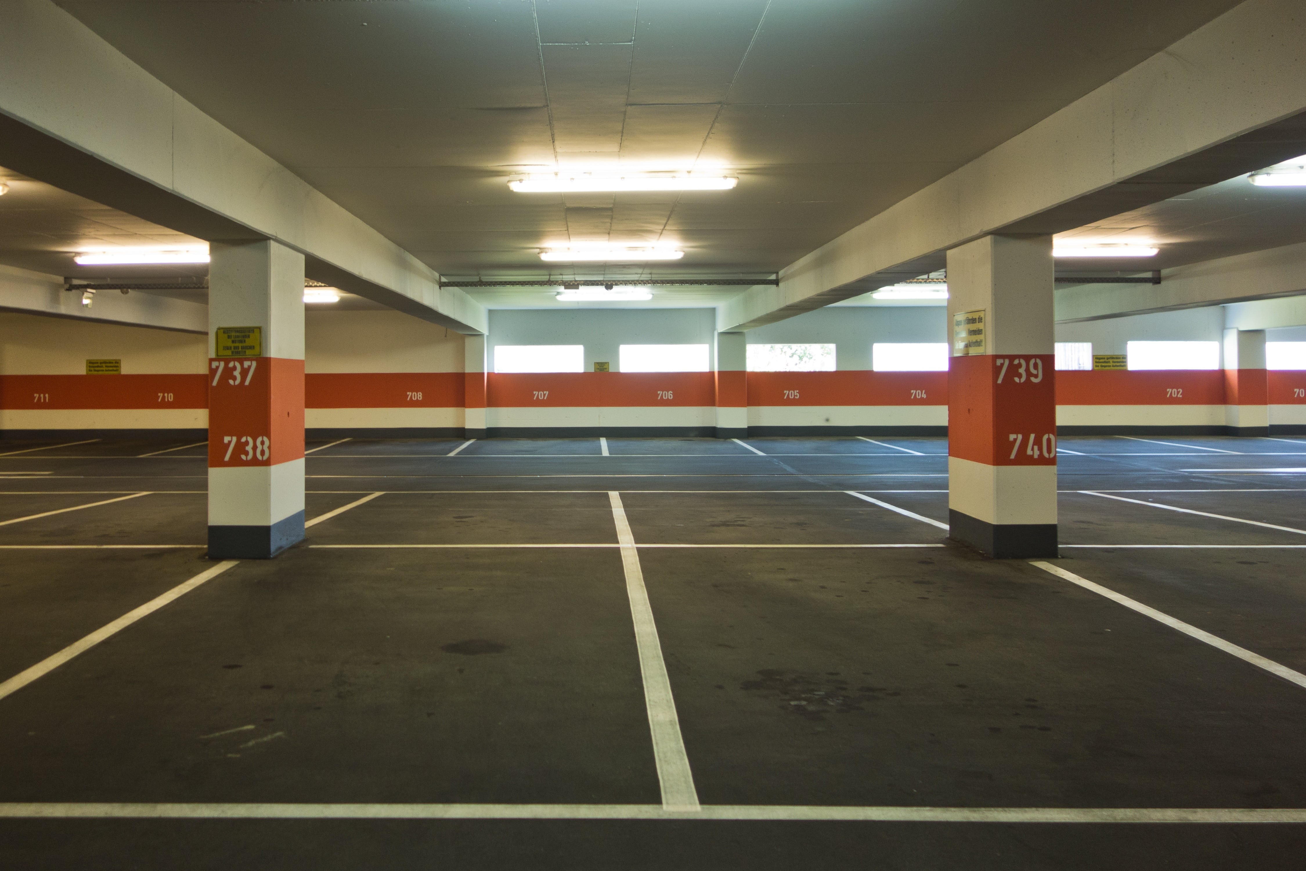 illuminated, orange, no people, sign, road, park level, communication, alternate space, flat, symbol, 4K, architecture, absence, multi storey car park, HD Wallpaper