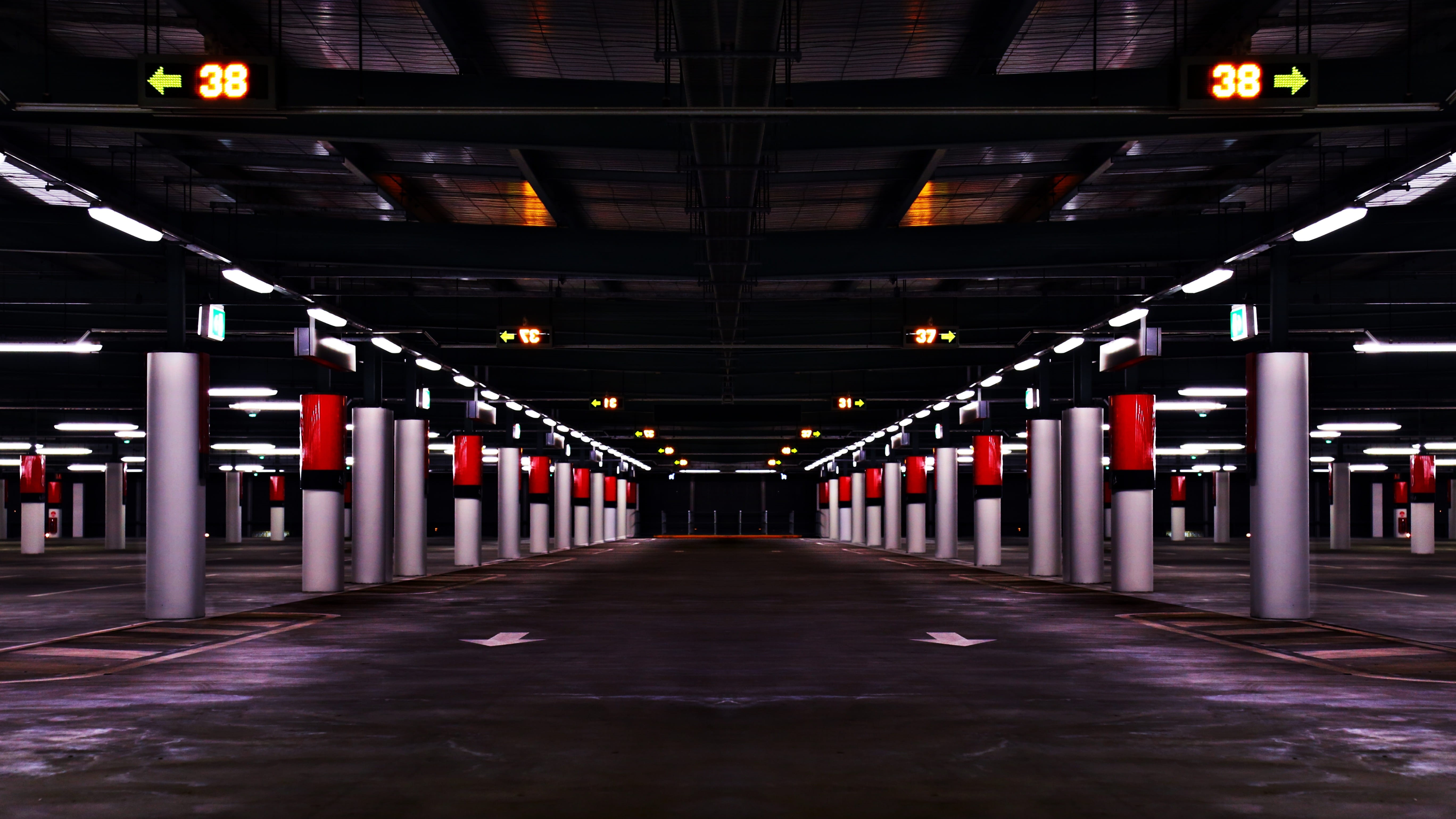 diminishing perspective, gray, 5K, sign, parking, no people, public transportation, lighting equipment, concrete, long, night, architecture, red, corridor, HD Wallpaper