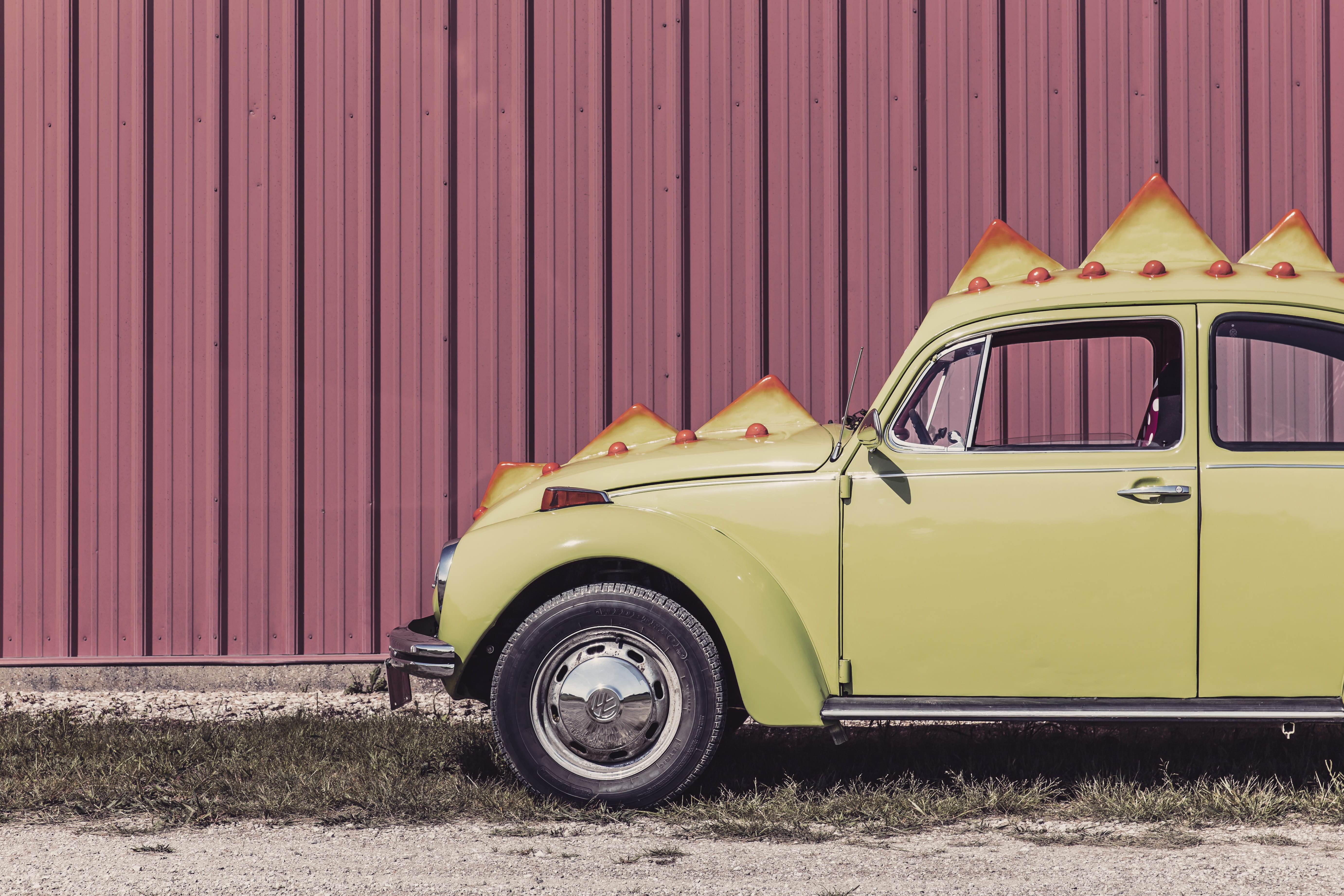 vehicle, no People, art, old-fashioned, humor, volkswagen, mode of transportation, objects, garage, silly, abstract, transportation, yellow, antique, Volkswagen beetle, HD Wallpaper
