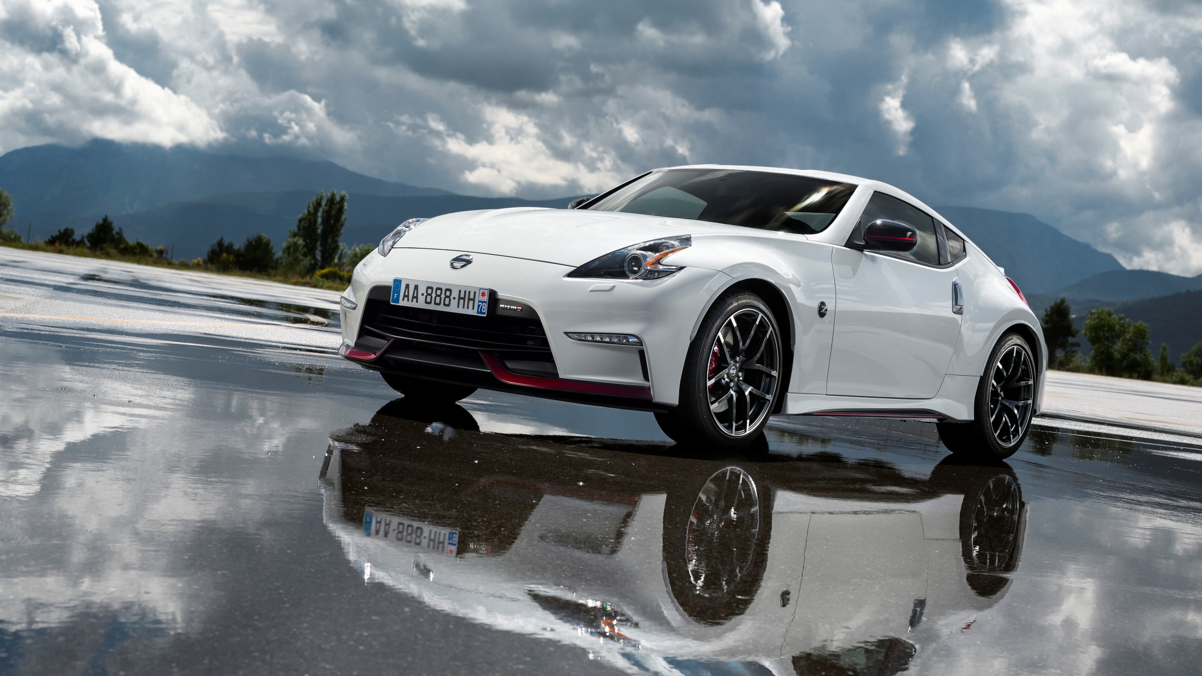 sports car, review, luxury cars, Fairlady Z, road, 4K, wet, Nissan 370Z, front, test drive, NISMO, daytime, white, nissan, coupe, HD Wallpaper