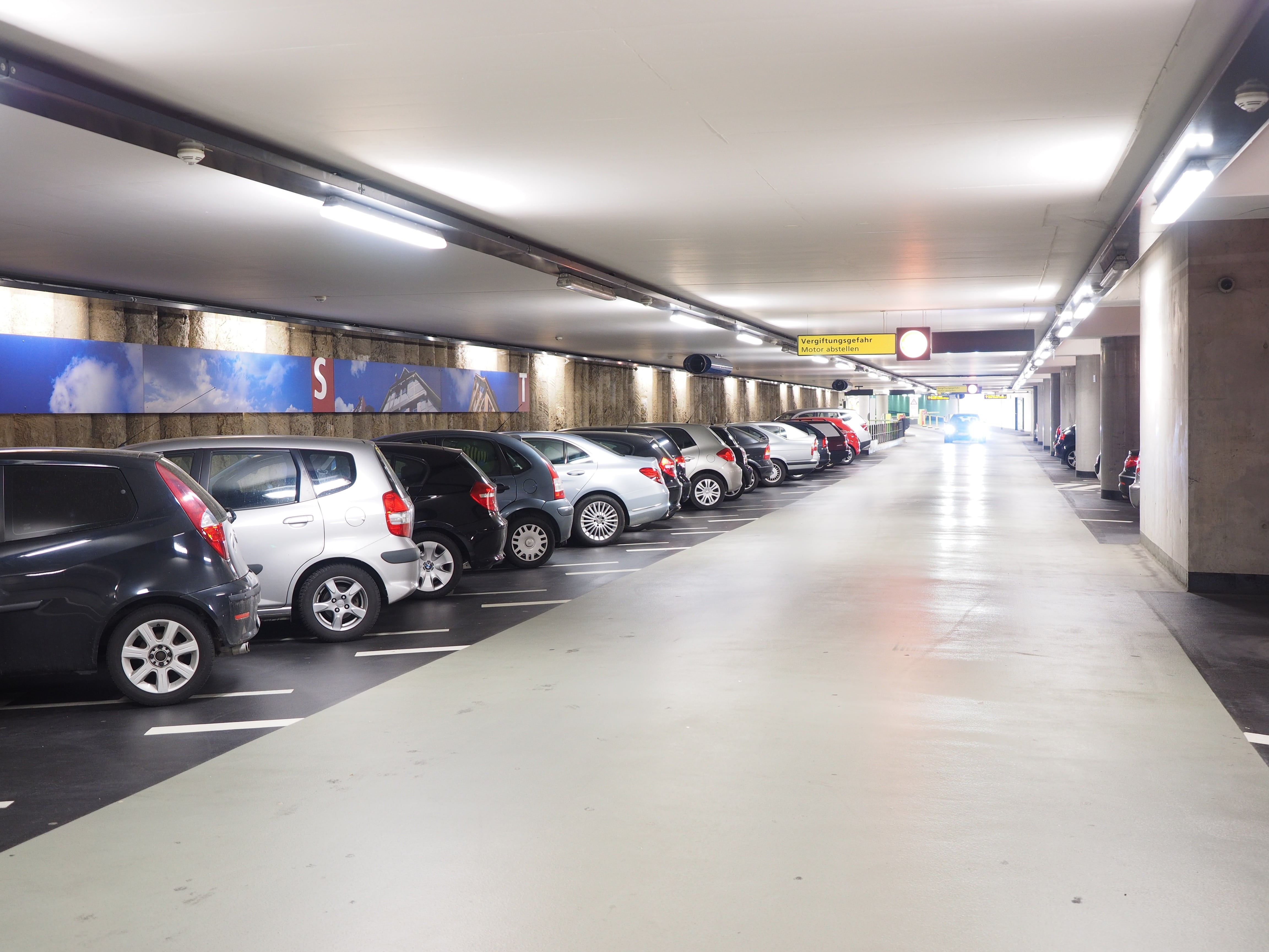 motor vehicle, alternate space, built structure, ceiling, in a row, lighting equipment, 4K, assorted, illuminated, color, direction, parking, park, multi storey car park, HD Wallpaper