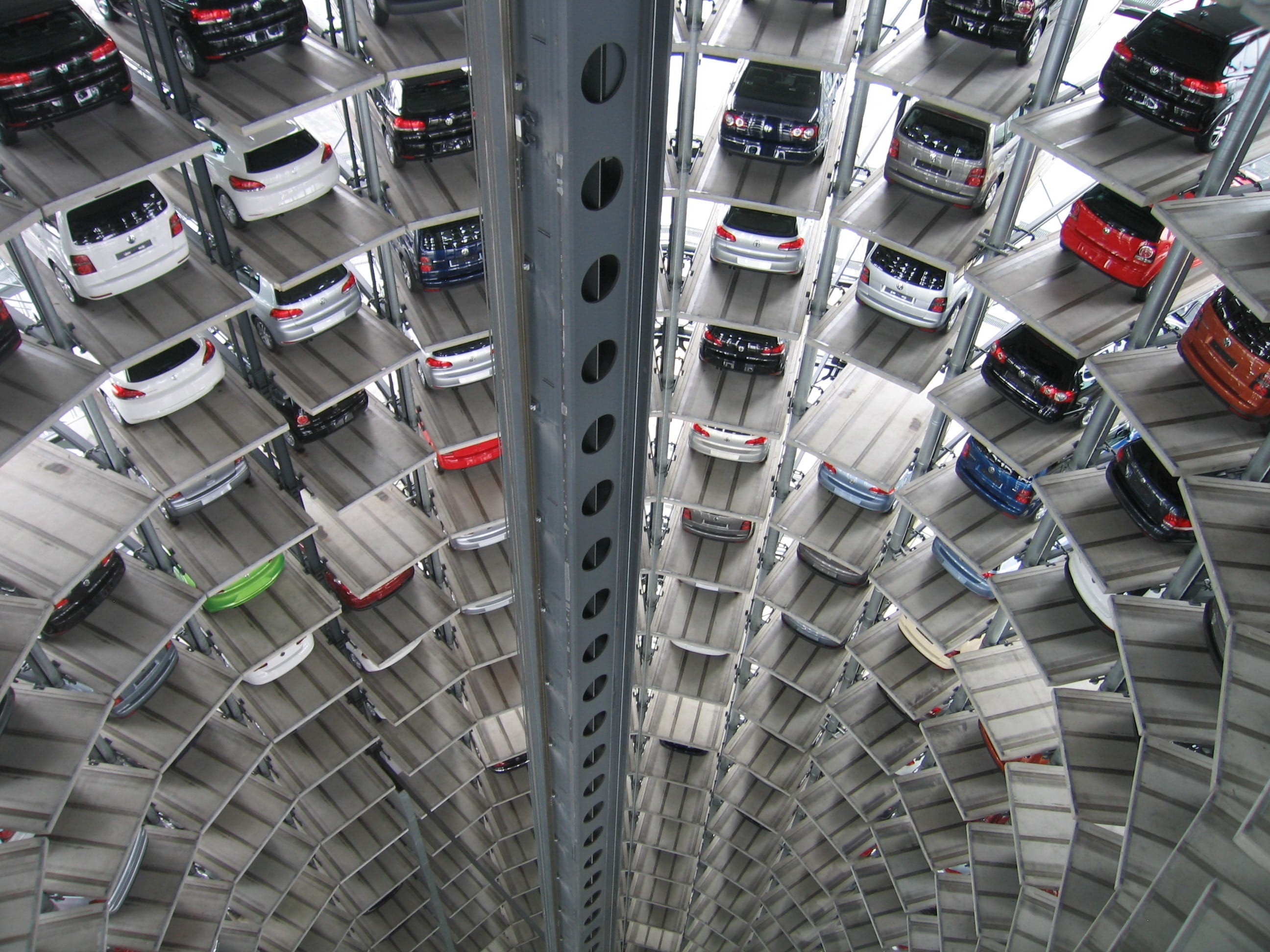 color, production, architecture, in a row, multi storey car park, vehicles, silver colored, choice, vw, science fiction, deep, warehouse, metal, autombilbau, HD Wallpaper