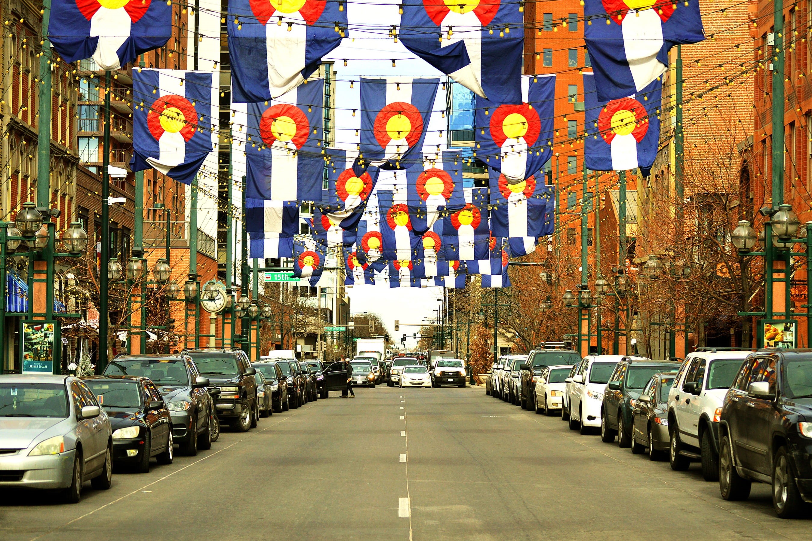 land vehicle, historic, incidental people, street, building, area, larimer, atmosphere, road, flag, 2K, day, lights, above, mode of transportation, direction, HD Wallpaper