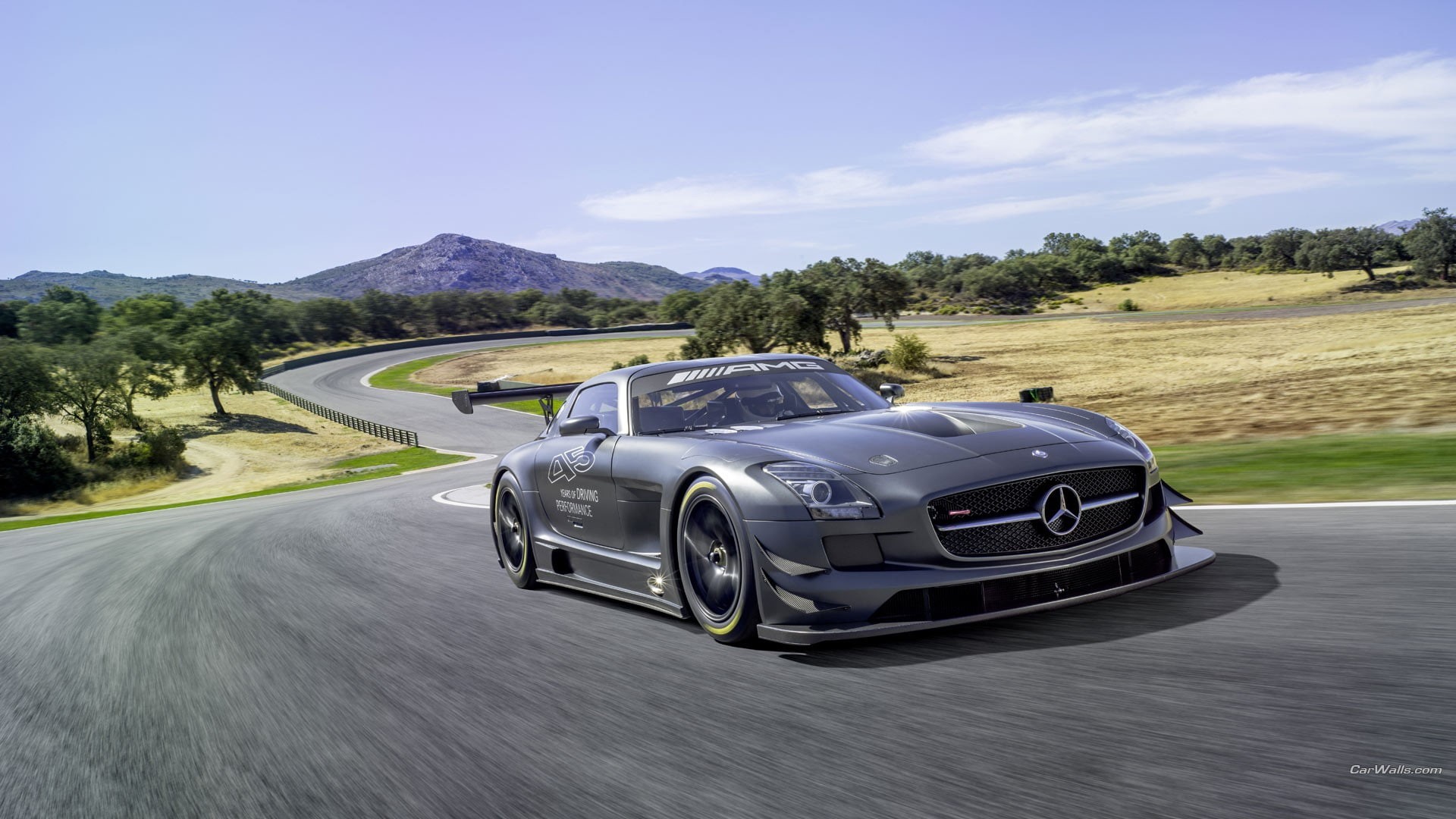 silver colored, cloud - sky, speed, motion, luxury, Mercedes SLS, tree, plant, sport, road trip, motor vehicle, transportation, car, mountain, nature, sky, HD Wallpaper