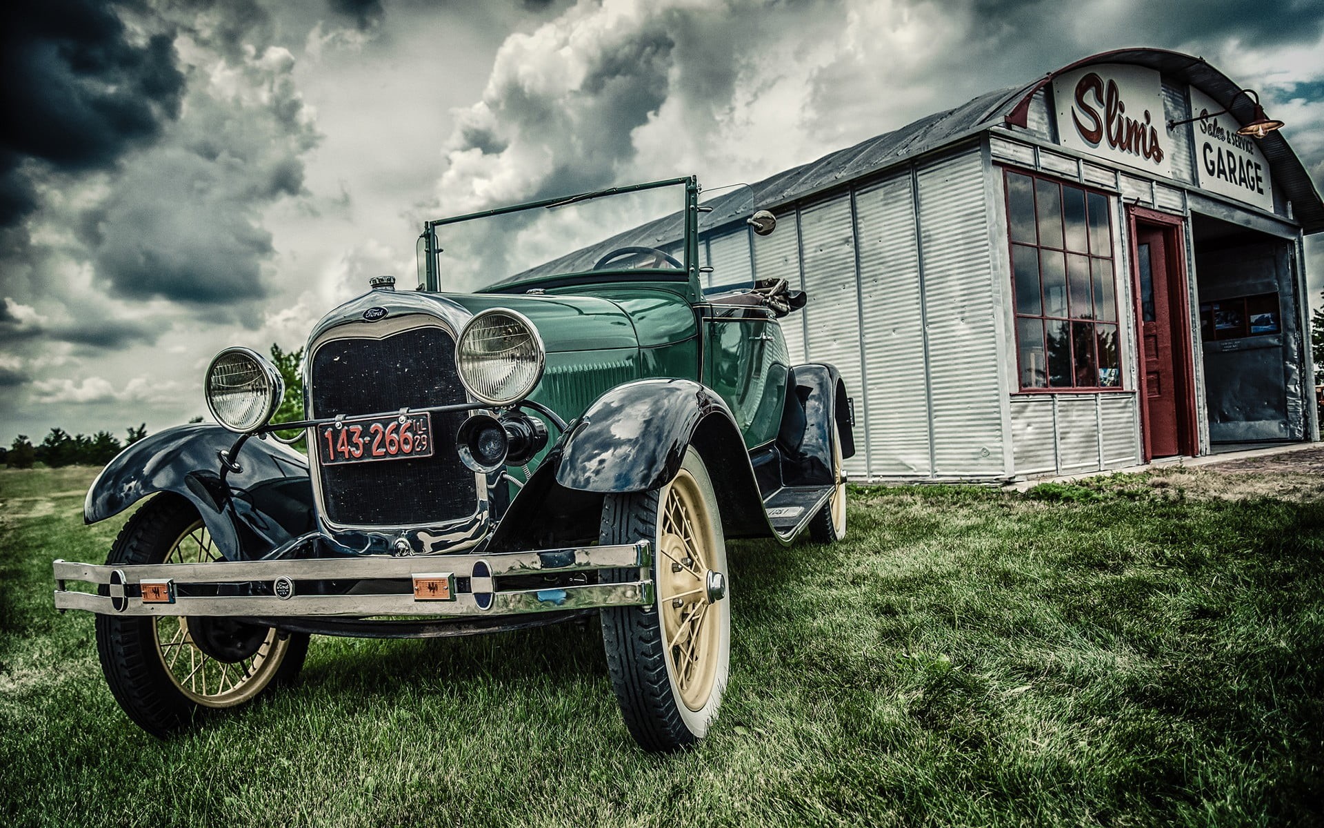 architecture, white, plant, stationary, car, building, no people, black, retro styled, vintage, painting, grass, land, outdoors, building exterior, sky, HD Wallpaper