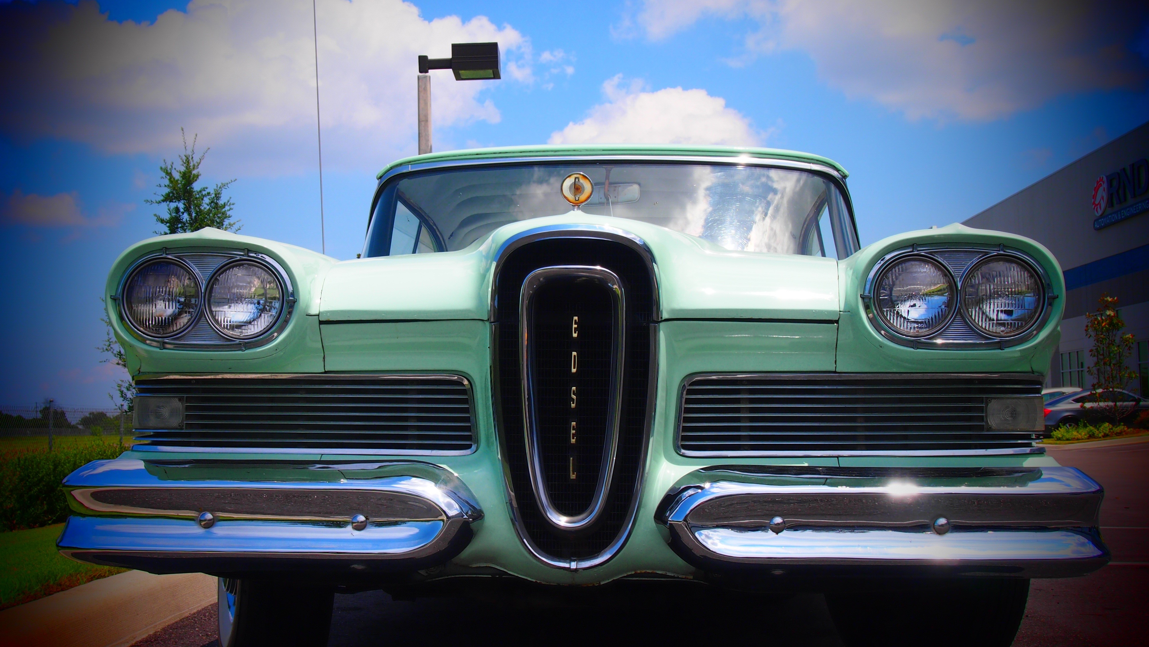 luxury, vintage car, car, day, headlight, sky, teal, edsel, 4K, chrome, ford, cloud - sky, sunlight, mode of transportation, motor vehicle, land Vehicle, HD Wallpaper