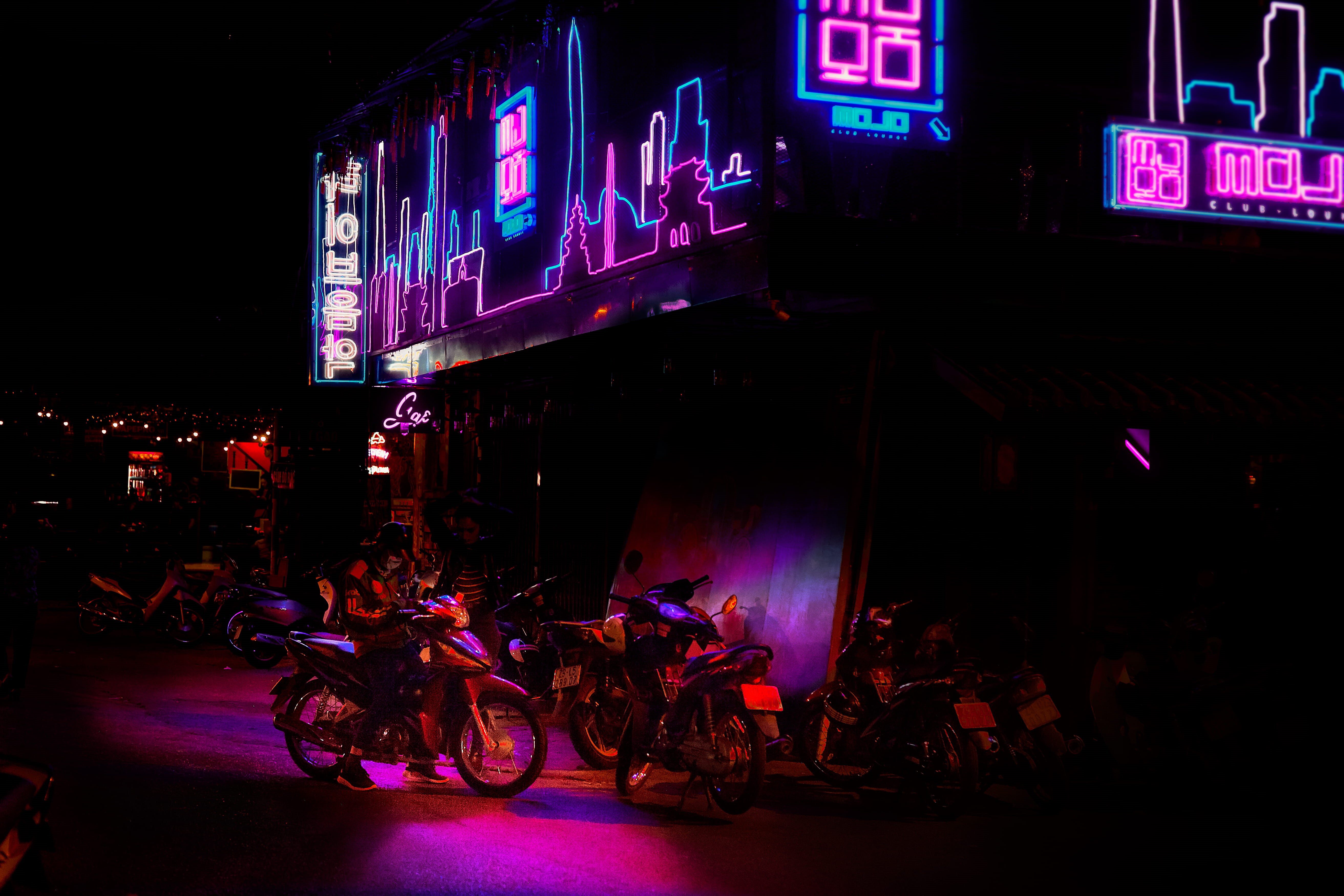 group of people, blue, sign, lights, women, park, signage, mode of transportation, motorbikes, large group of people, nightlife, illuminated, wheel, pink, HD Wallpaper