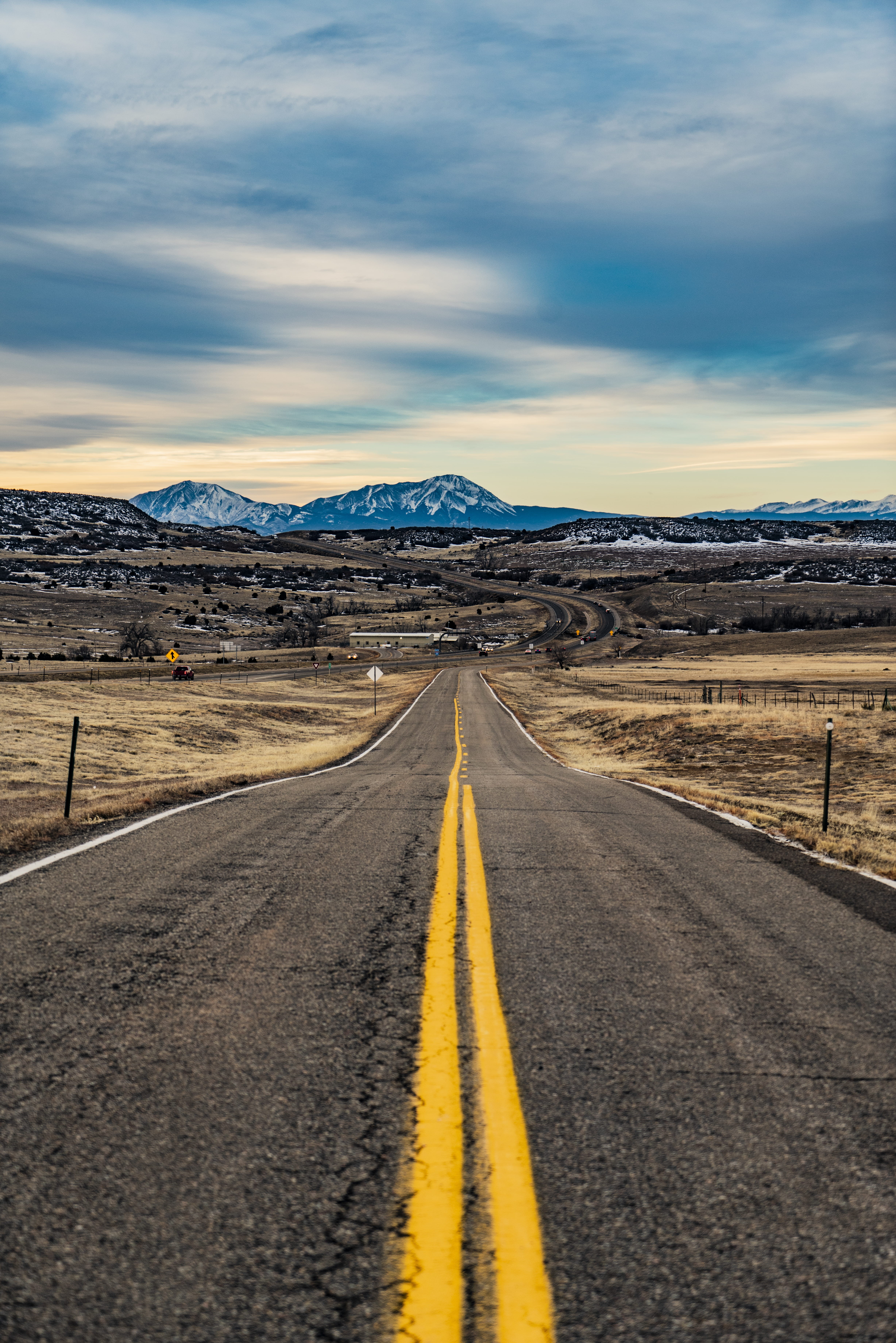 5K, beauty in nature, double yellow line, cloud - sky, highway, road marking, wild west, direction, dividing line, plateau, scenics - nature, person, the way forward, Phone HD Wallpaper