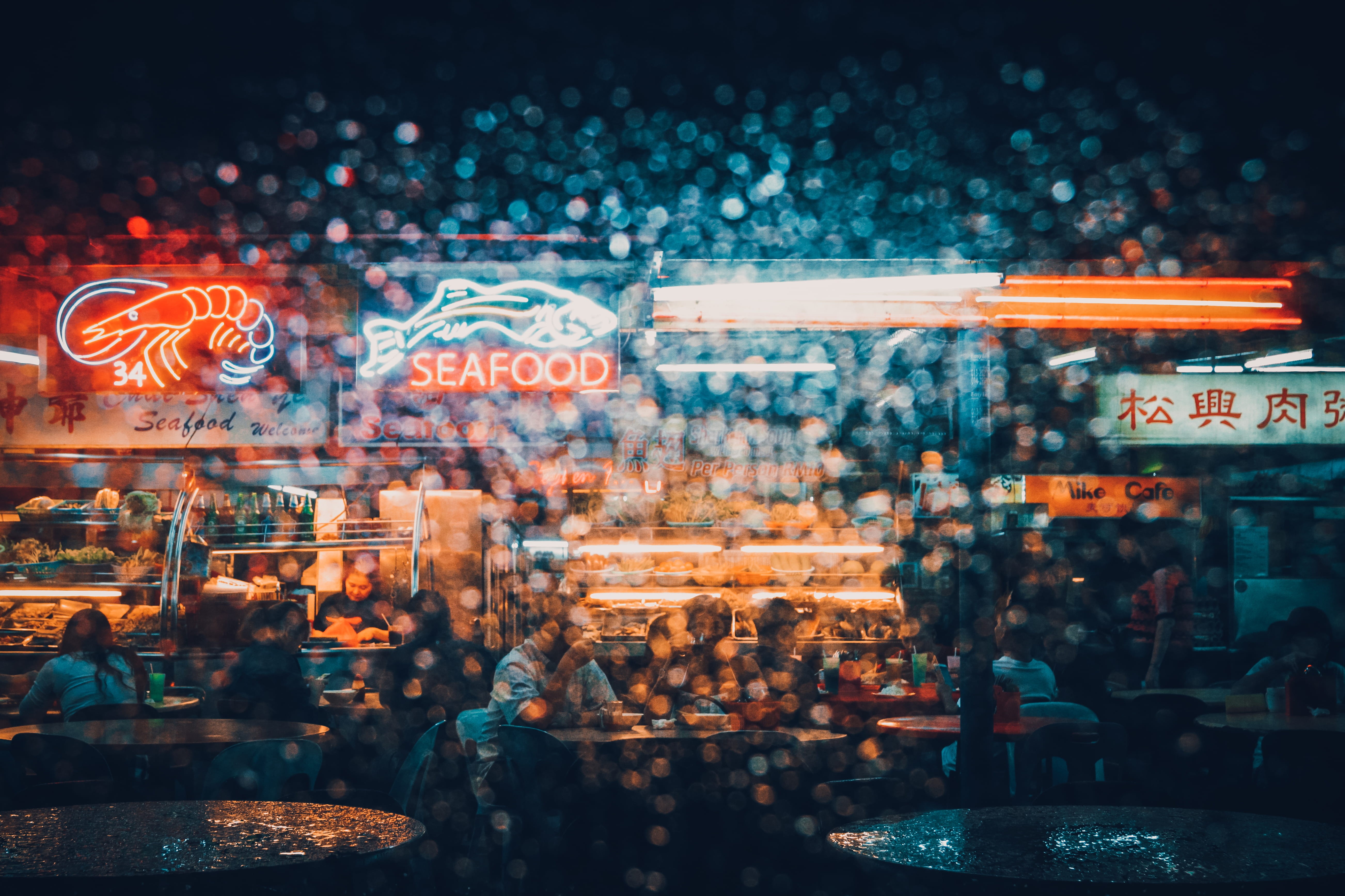 western script, motion, colorful, evening, long exposure, sign, light, blur, neon, business, restaurant, modern, eat, window, signage, communication, night, HD Wallpaper