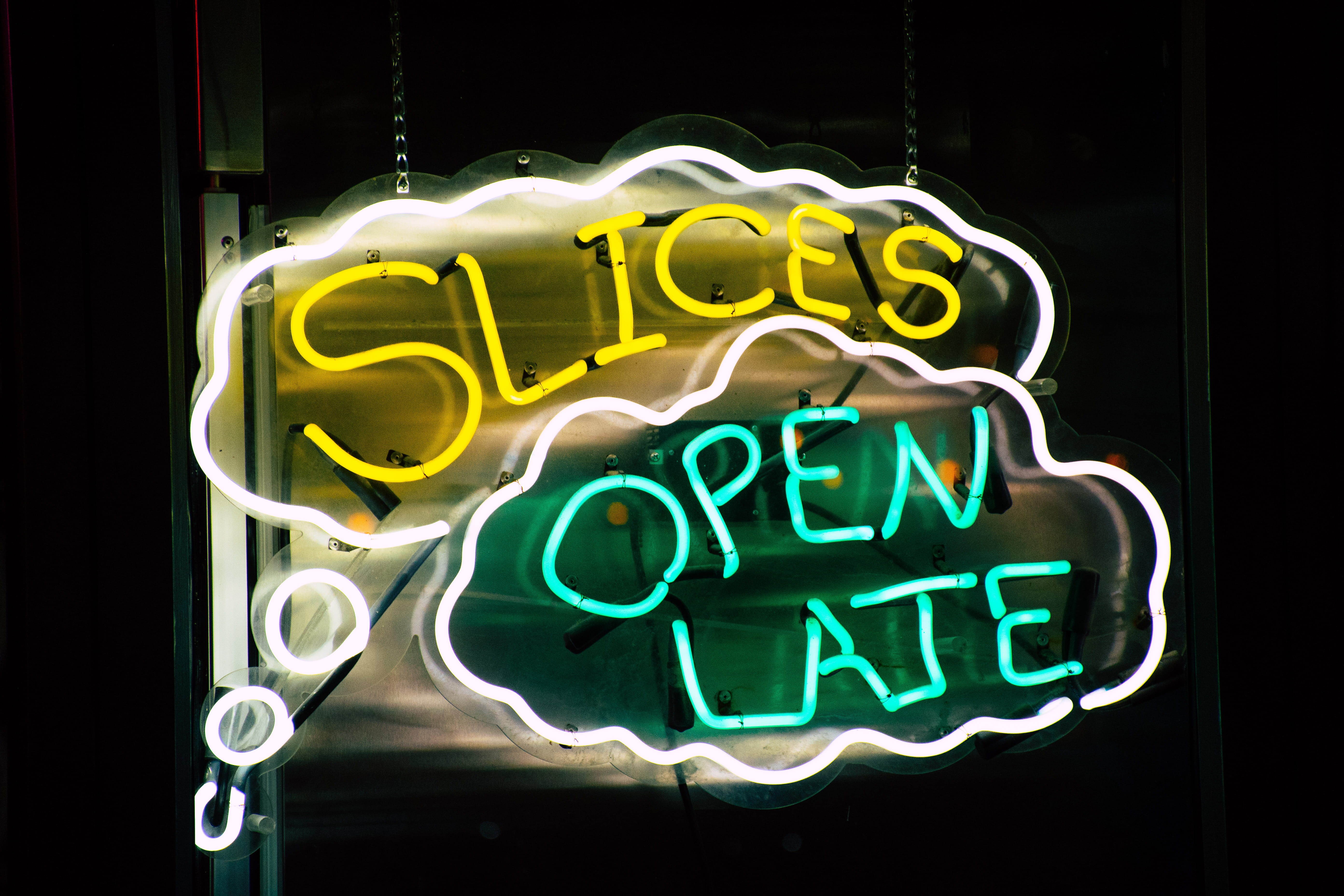 lighting equipment, neon sign, yellow, design, green, communication, 5K, illuminated, single word, text, business, outdoors, sign, glowing, food and drink, HD Wallpaper