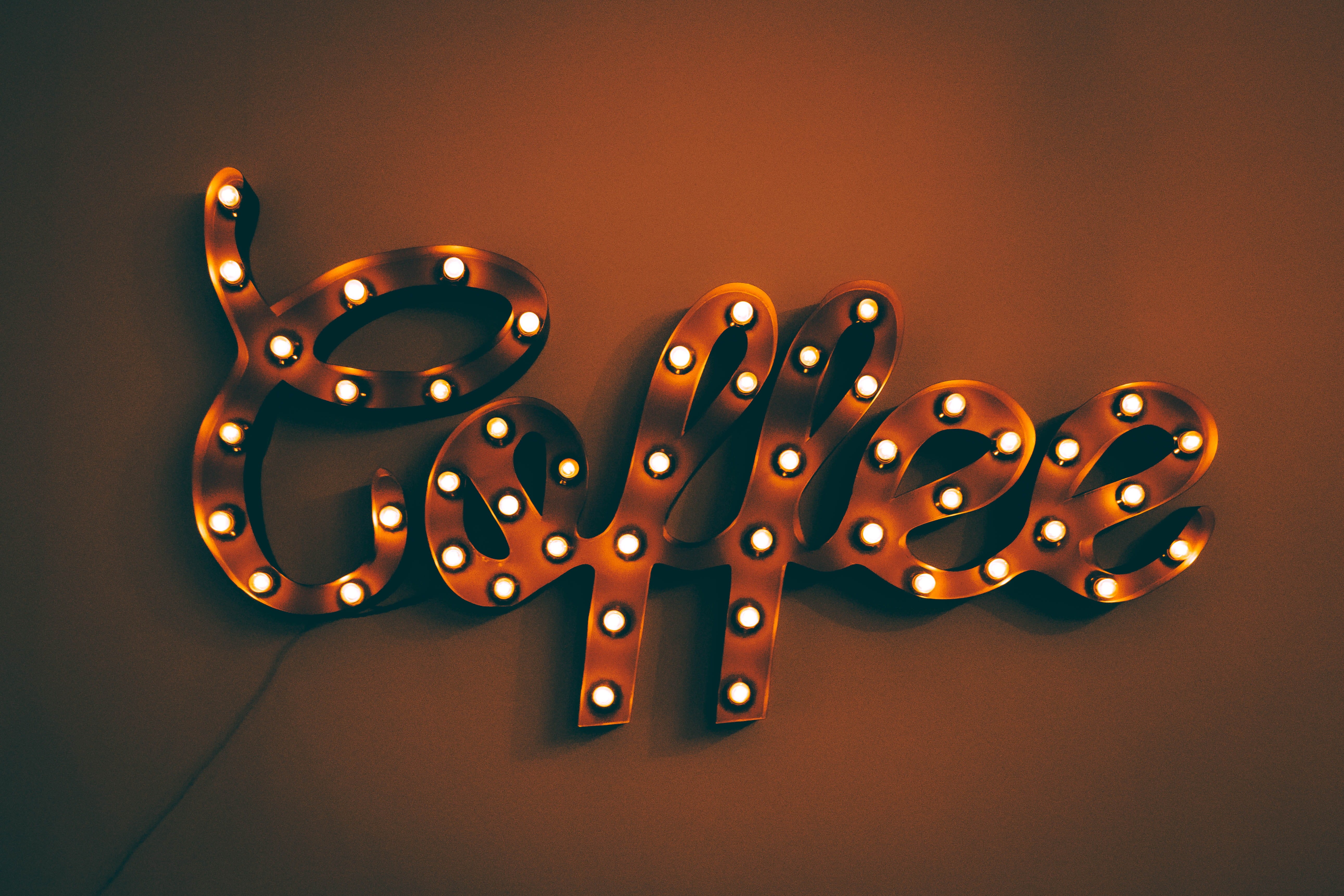 cafe, coffee, decoration, gold, illustration, illuminated, signage, cursive, wall, three-dimensional Shape, closeup, symbol, word, dark, ideas, orange, HD Wallpaper