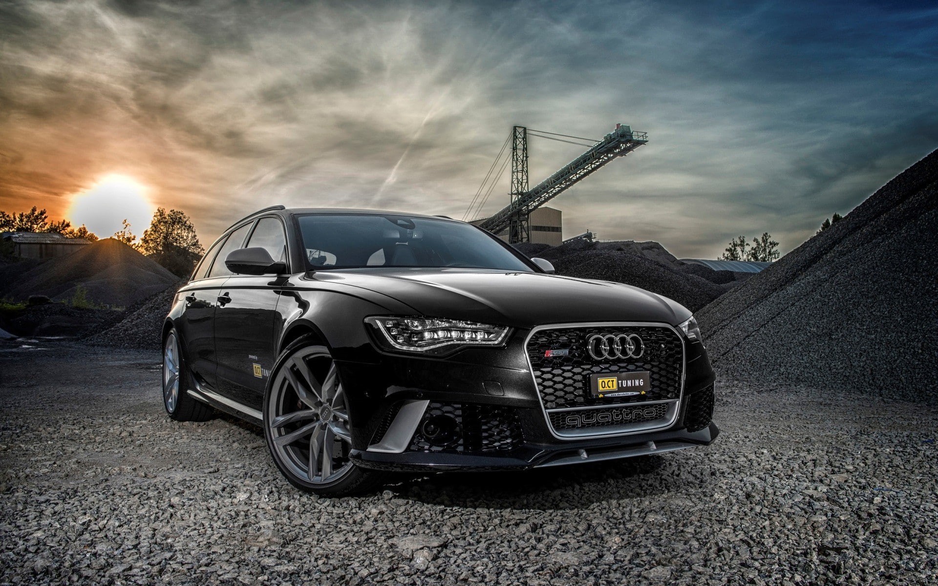 road, Audi, sky, nature, sunset, transportation, 1080P, sun, vehicle, mode of transportation, car, architecture, cloud - sky, Audi RS6, industry, day, HD Wallpaper