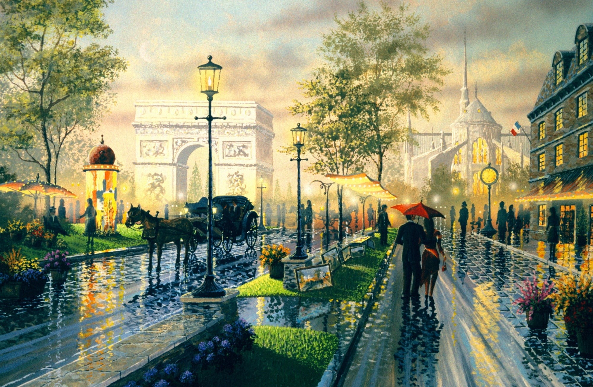 nature, real people, sidewalk, Walk, outdoors, 1080P, water, tree, painting, city, people, building exterior, Drawings, ken, umbrella, lifestyles, wet, HD Wallpaper