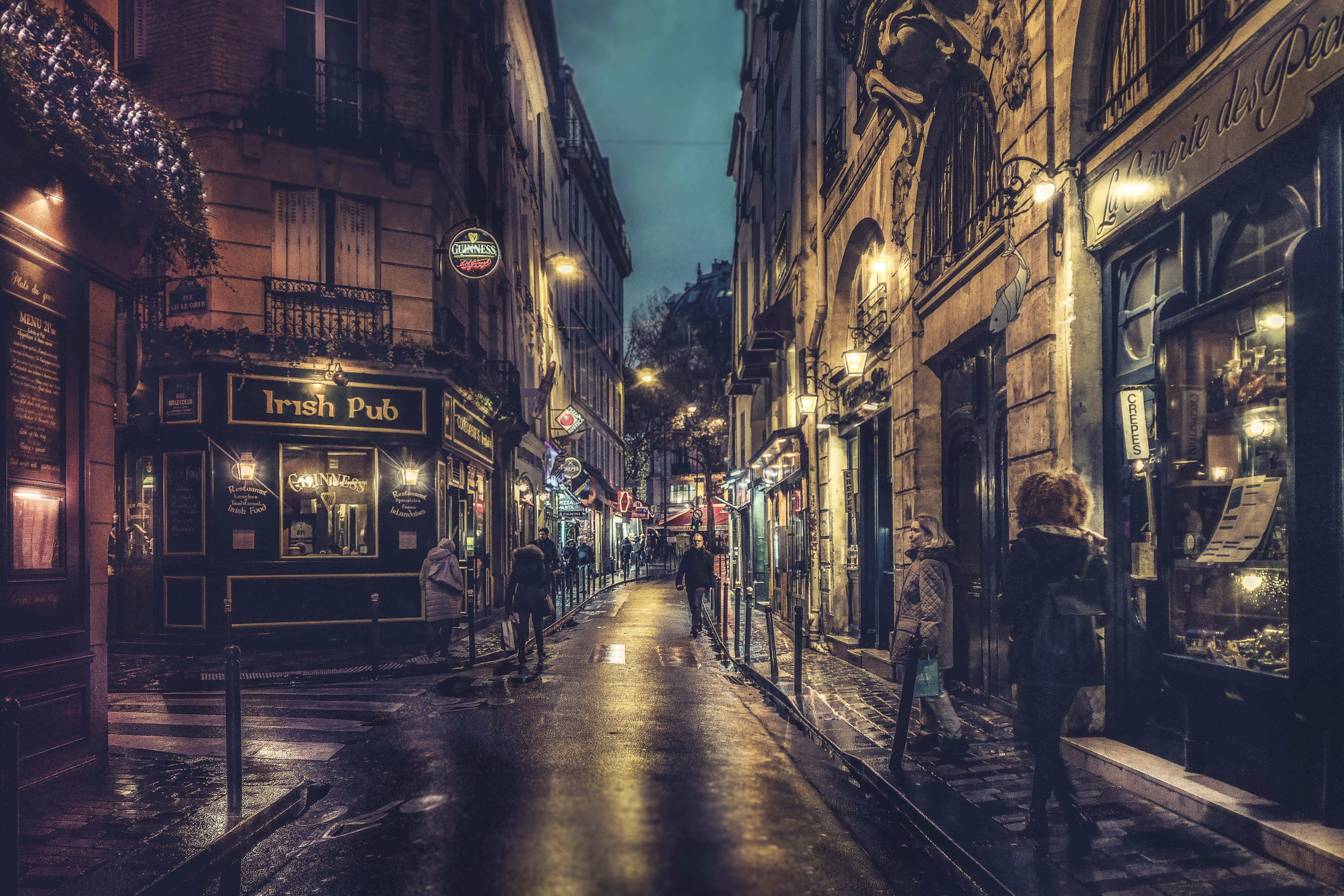 cityscape, Paris, walking, France, lamps, 5K, everyday life, sidewalk, shops, night, urban scene, street, people, HD Wallpaper